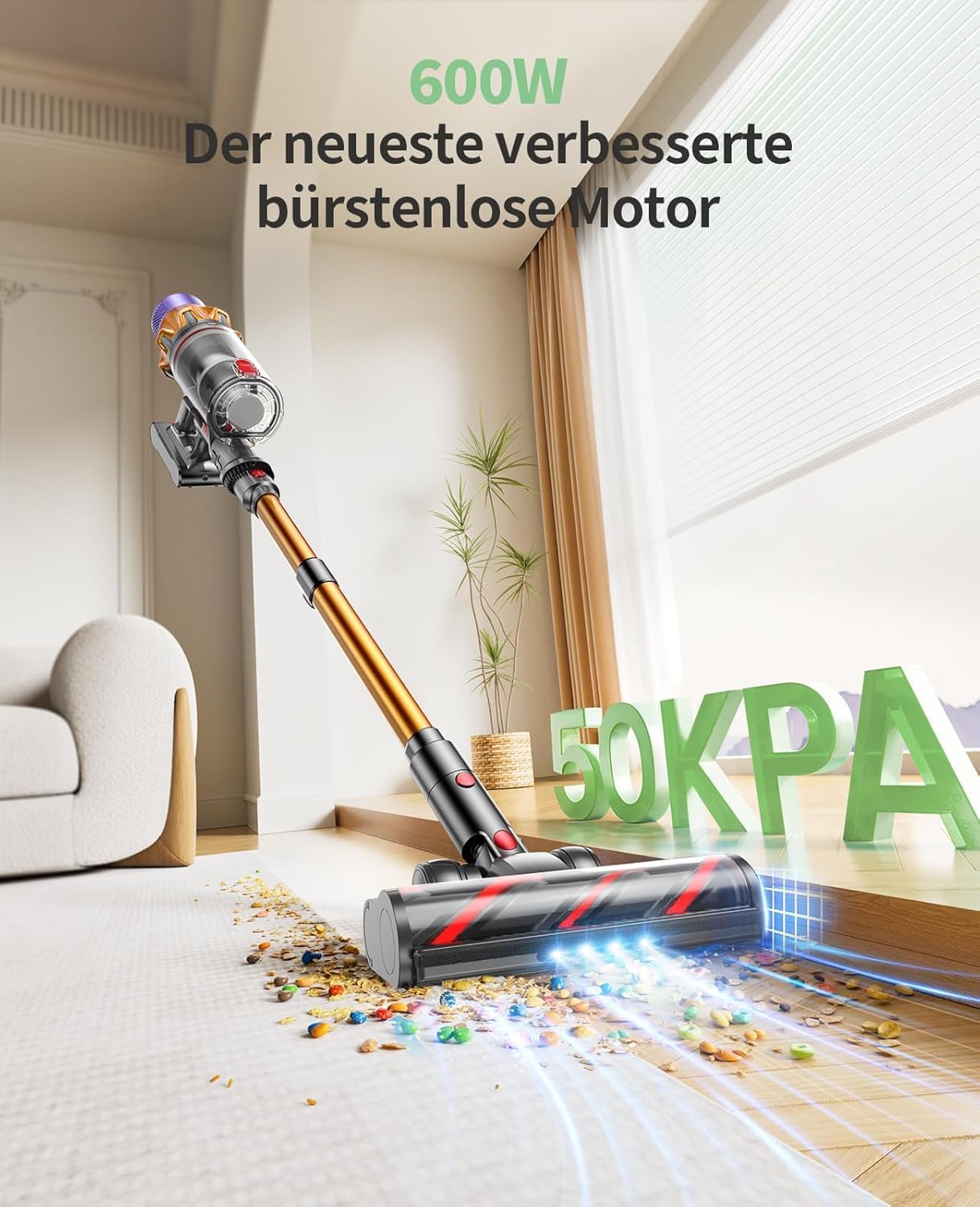 SunSare Akku-Staubsauger 600 W / 50000 Pa / 65 Min, kabelloser Staubsauger mit Smart Display und Ladestation, leichter Anti-Tangle-Akku-Staubsauger, superleiser Akku-Staubsauger für Hartböden, Teppiche, Tierhaare – Bild 2
