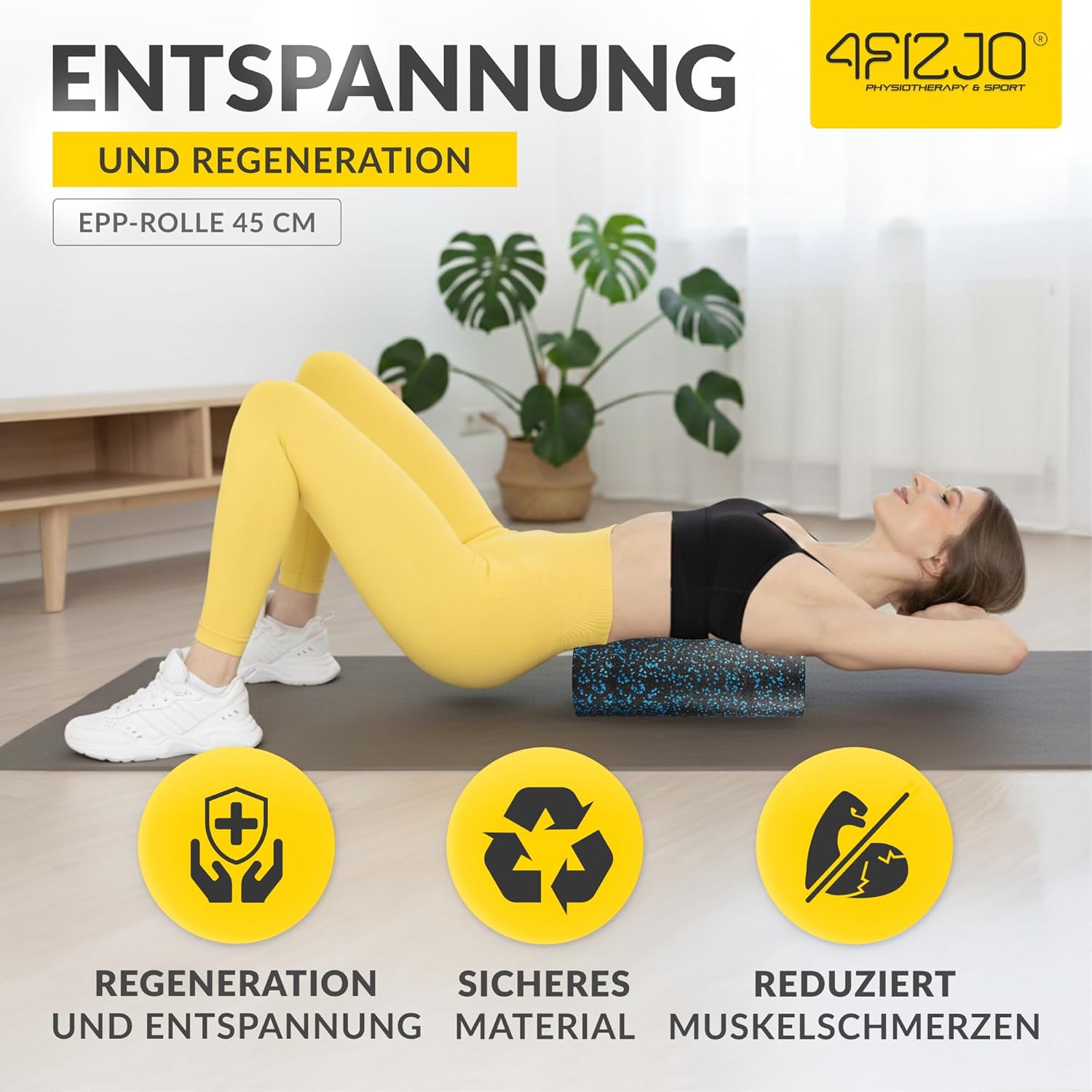 4FIZJO Faszienrolle Schaumstoff, Durchmesser 14,5 cm, Länge 45 cm, Massagerolle, Rückenrolle, Fitnessrolle, leicht, hart, Schaumstoffrolle, Faszientraining, Massagetraining, Schwarz/Grün – Bild 2