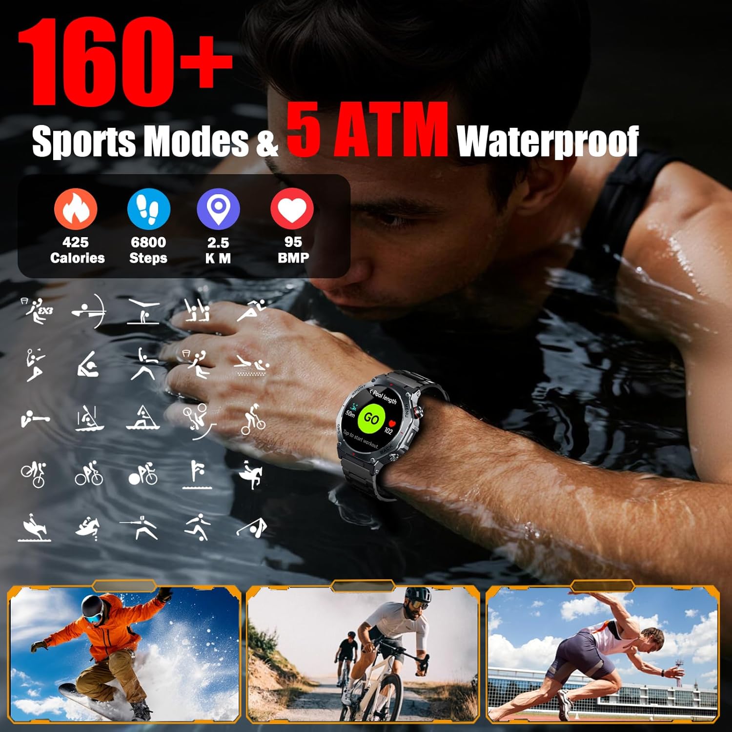Militär-Smartwatch Herren mit GPS, 1,43 Zoll AMOLED-Display, Fitnessuhr mit Bluetooth-Anruf, 5ATM wasserdichte Sportuhr mit Herzfrequenz-/Schlafmonitor/Schrittzähler, 160+ Sportmodi, Uhr für – Bild 6