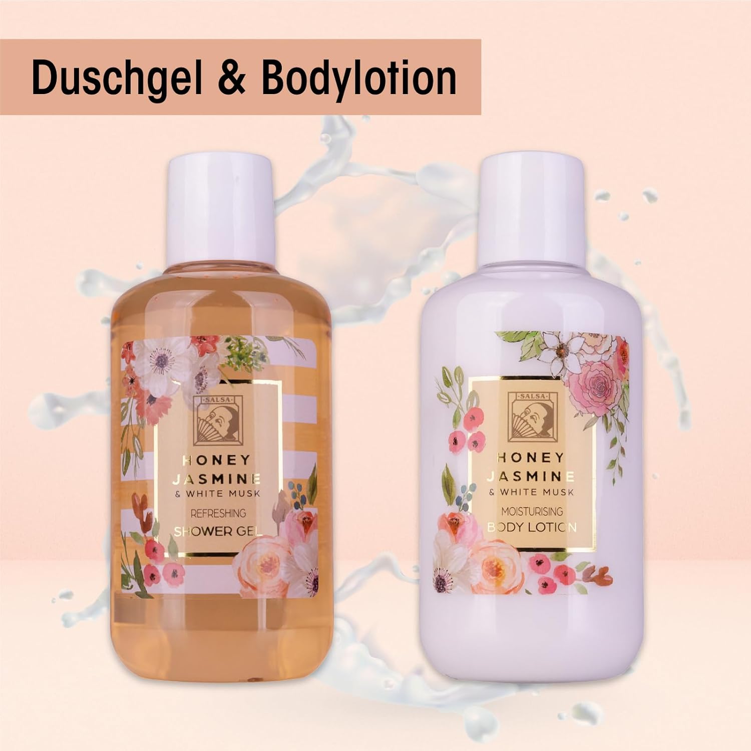 Accentra Honey Jasmine Damen-Duschset in schöner Geschenkbox, 4-teiliges Pflegeset mit Duschgel, Bodylotion, Körperbutter und Mesh-Schwamm, Geschenkset für Geburtstag und Valentinstag – Bild 4