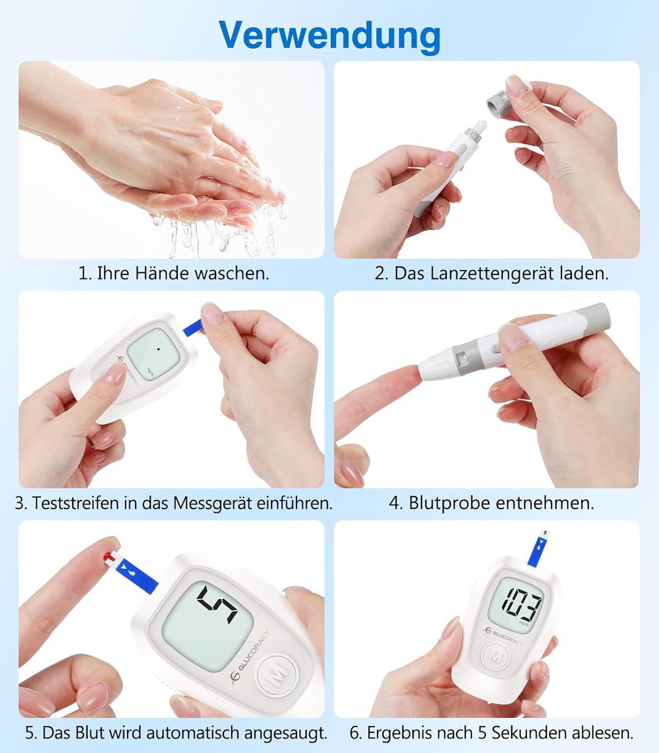 Glucoracy G-425 Blutzuckermessgerät-Kit, Blutzuckertest-Kit mit Stechhilfe, 100 Teststreifen und 100 Lanzetten, Glukosemessgerät für zu Hause, Diabetes-Selbsttest-Kit für den Heimgebrauch – Bild 6