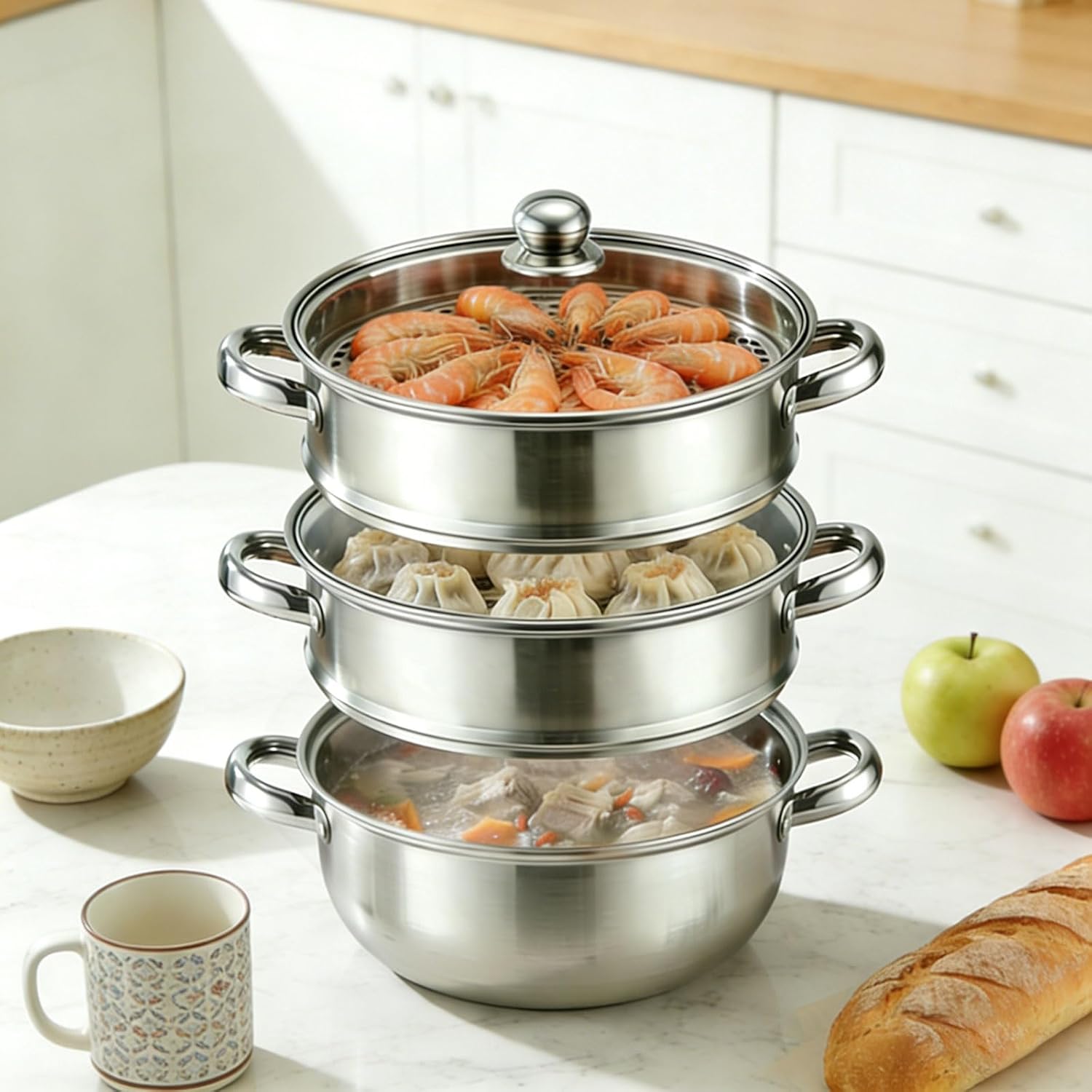 Dampfgarer 28 cm Edelstahl 3 Etagen - Dampftopf Induktion Geeignet - Dampfgarer Topf mit Dämpfeeinsatz - Großer Steamer Pot für Gemüse, Fisch & Mantowarka - Stapelbar – Bild 7