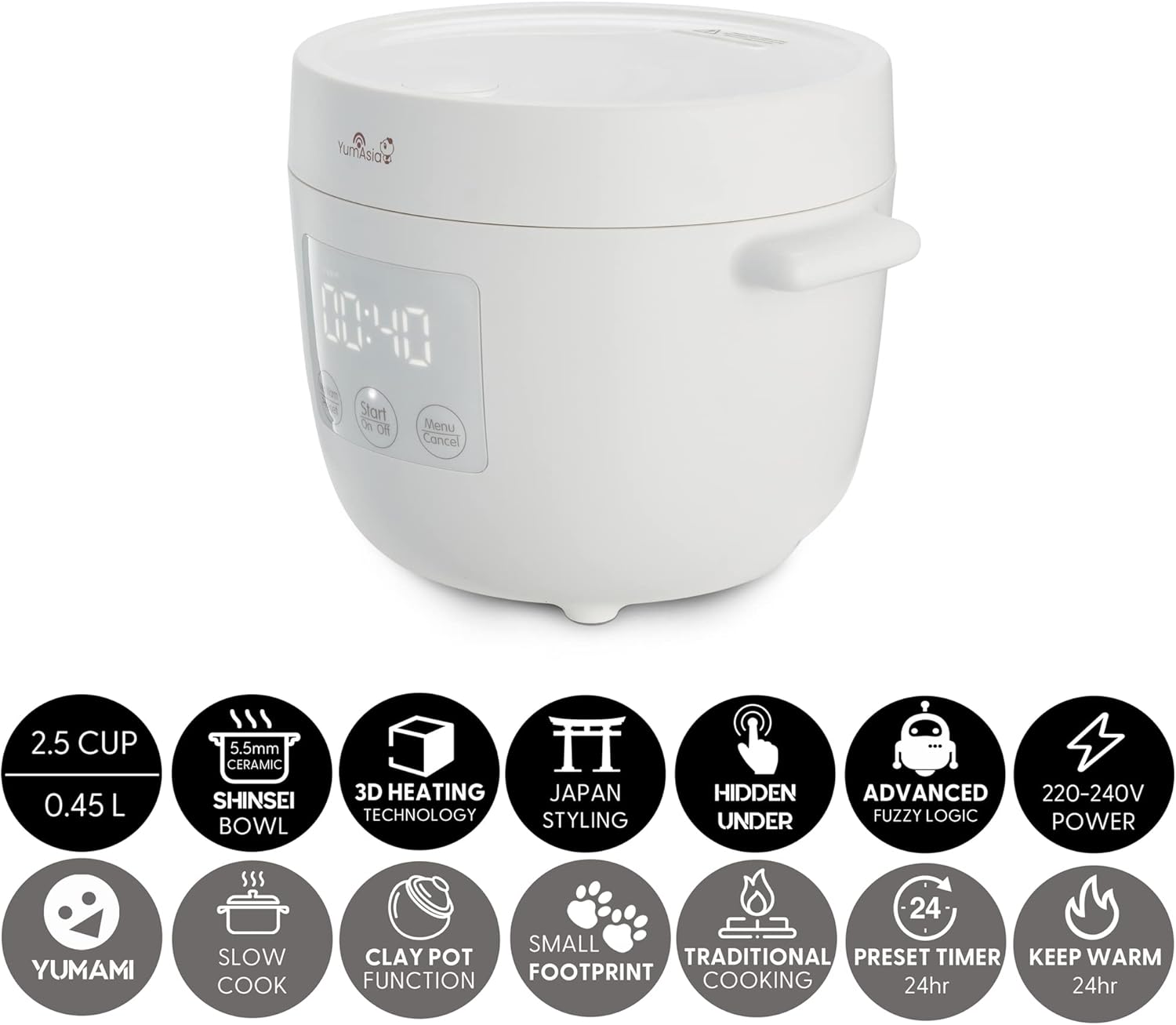 Yum Asia Tsuki Mini-Reiskocher mit Shinsei-Keramikschüssel (2,5 Tassen, 0,45 Liter), 5 Reiskochfunktionen, 2 Multicooker-Funktionen, versteckte LED-Anzeige, 220–240 V (Kieselweiß) – Bild 2