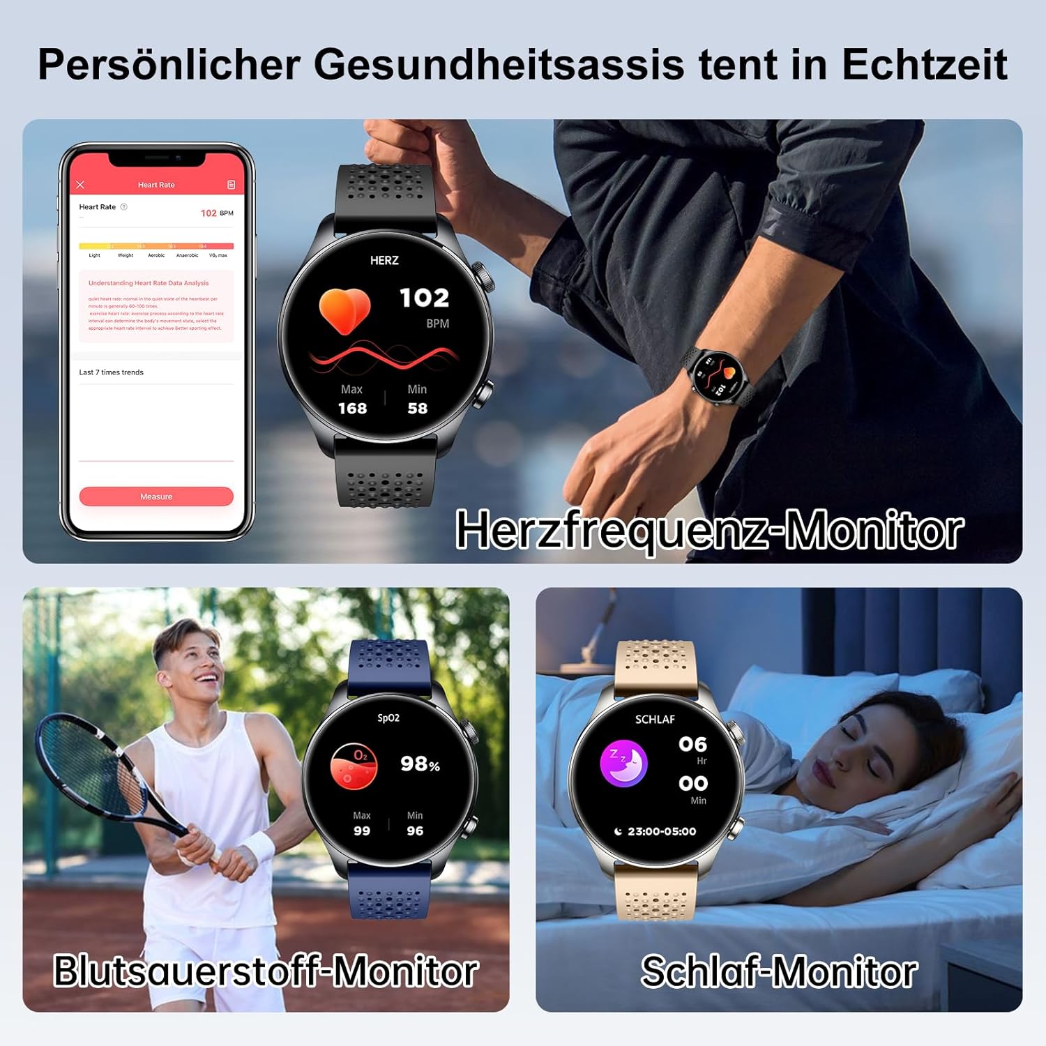 Runde Herren-Smartwatch mit integriertem GPS, 1,43 Zoll AMOLED Always-On-Display, 3ATM wasserdichte Fitnessuhr, 100+ Sportmodi, Herzfrequenz-/SpO2-/Schlafmonitor, Schrittzähler, iOS/Android, Schwarz – Bild 4