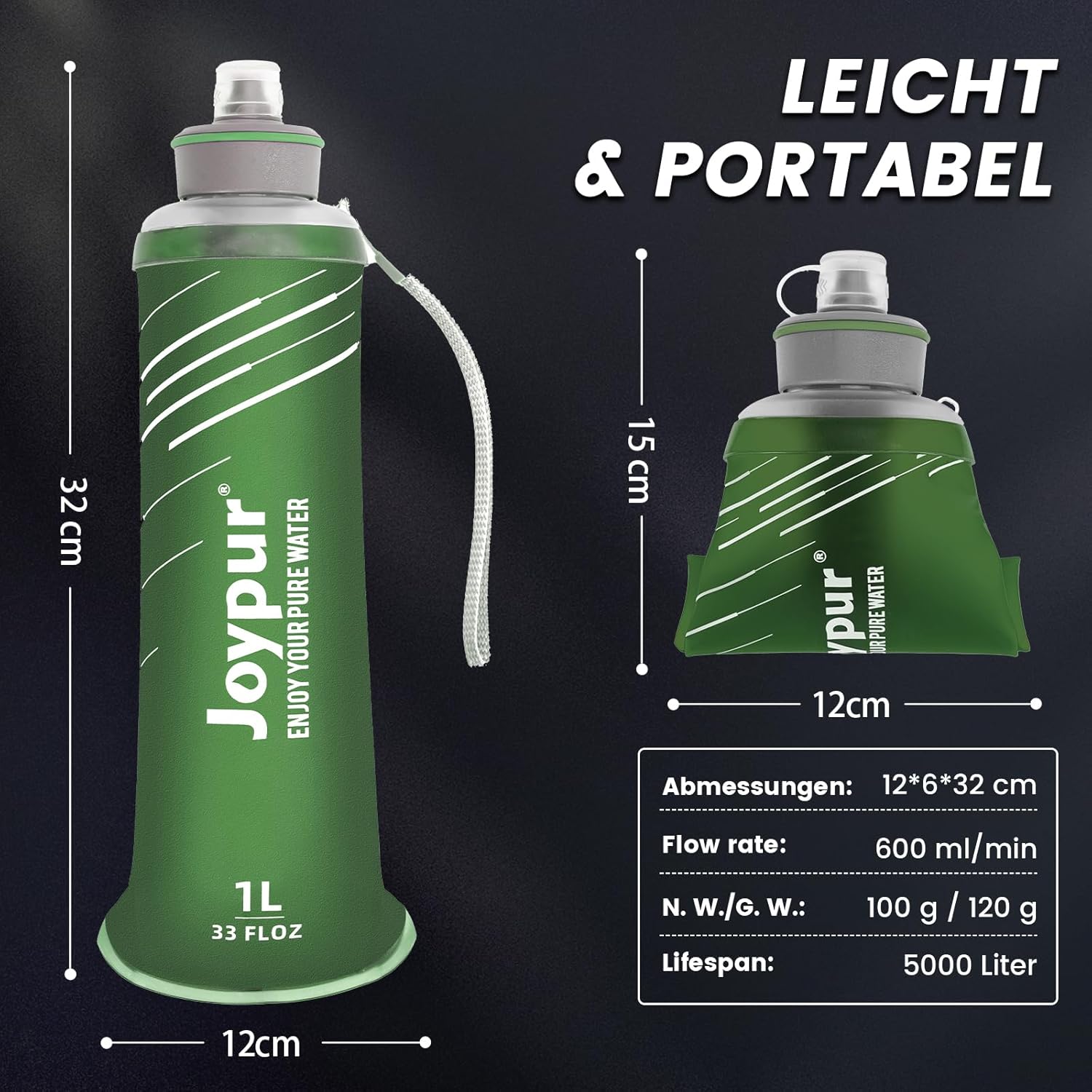 Faltbare Wasserflasche mit Filter 1 l – Wasserfilter, Outdoor-Survival-Filterflaschen für Trinkwasser, Outdoor-Wasserflasche mit Filter mit 5000 l Filterkapazität für Outdoor-Aktivitäten (grün) – Bild 5