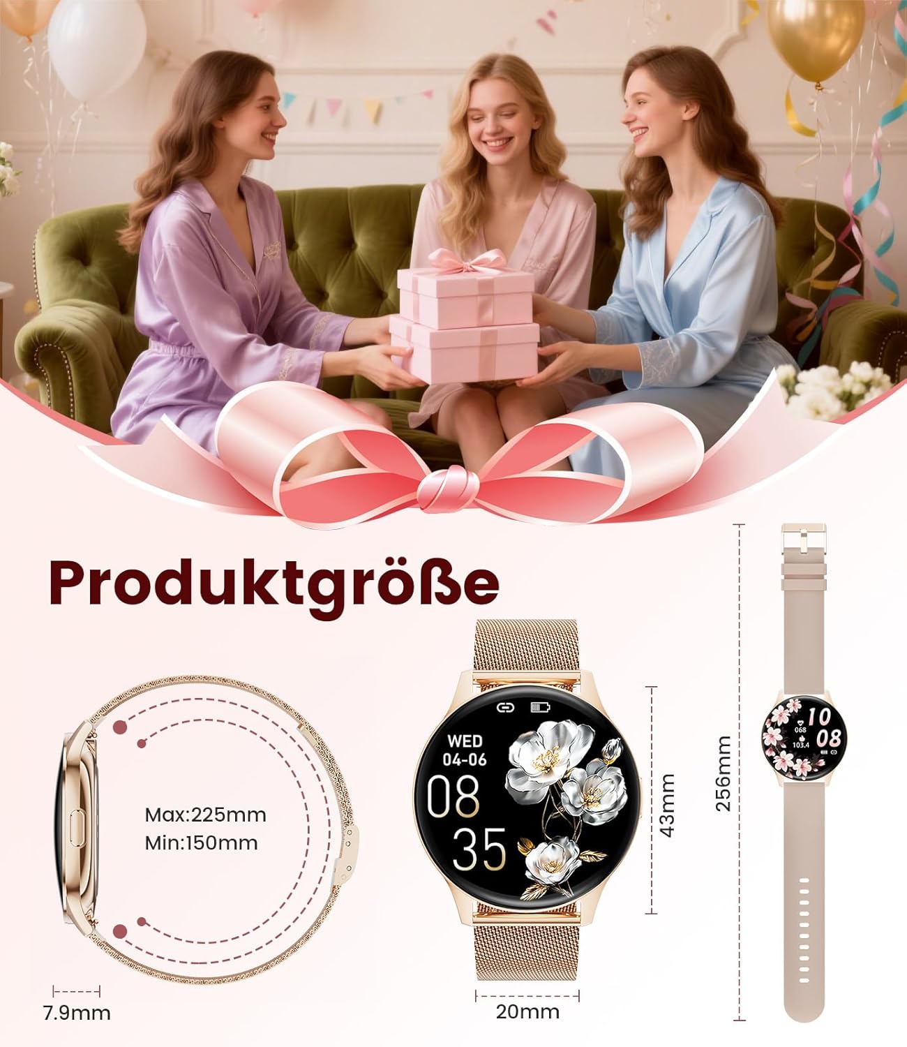 Damen-Smartwatch mit Anrufen – 7,99 mm ultradünne elegante Fitnessuhr mit 1,43 Zoll HD Always-On-Display, IP68 wasserdicht, 100+ Sportmodi, Damengesundheit für iOS Android, Roségold – Bild 9