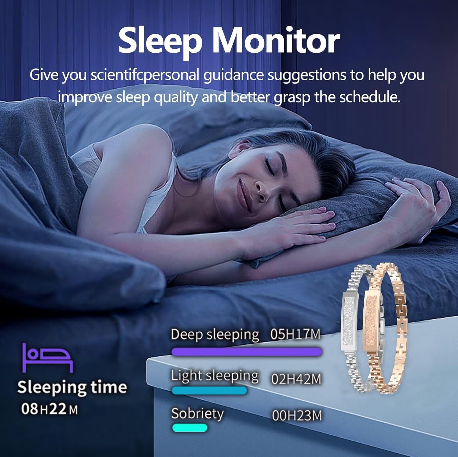 Fitness-Armband Damen, elegant, Smart-Armband, schmal, Schrittzähler, Damenschmuck, Roségold, Silber, Armreif, Fitness-Tracker ohne App und Handy, Schlaf-Tracker, Herzfrequenzmesser, Fitness-Armband – Bild 5