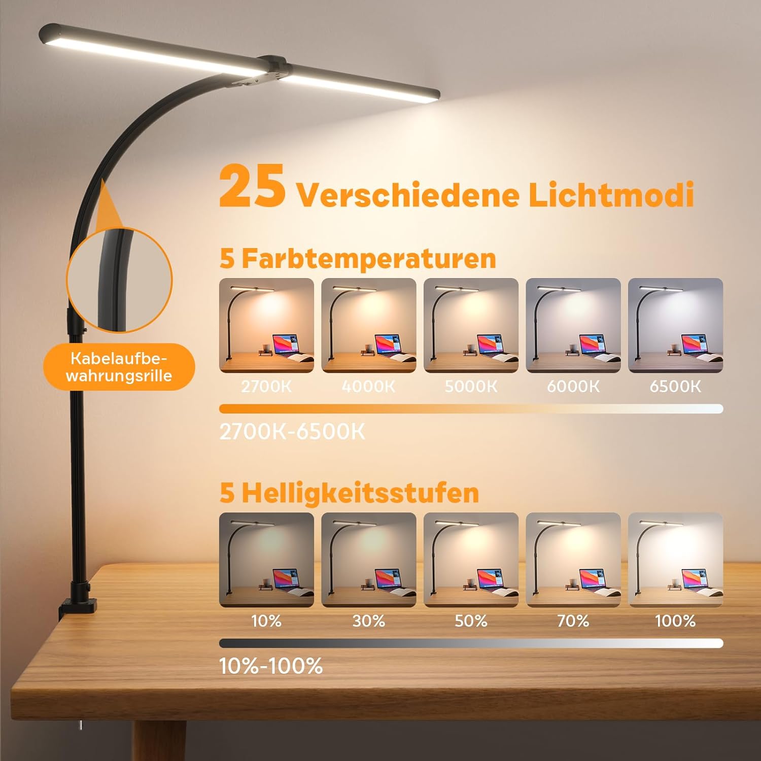 Doppelkopf Schreibtischlampe LED Dimmbar 24W 80cm Klemmbar Tageslichtlampe Schreibtischlampe Schwanenhals Büro Tischlampe Augenschutz Arbeitsplatzleuchte Monitorlampe, Schwarz – Bild 2