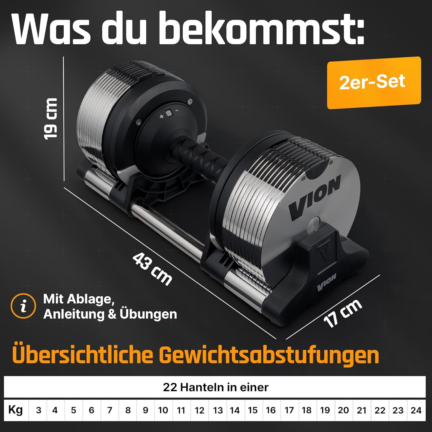 VION 24kg verstellbare Hanteln, 1-kg-Stufen, Hanteln Set, Gewichte Hantel, verstellbare Kurzhanteln, Hantelset, Dumbbell Set, Kurzhantel+set, Dumbbells, Fitnessgeräte für Zuhause, Hantel Set, Weights – Bild 8