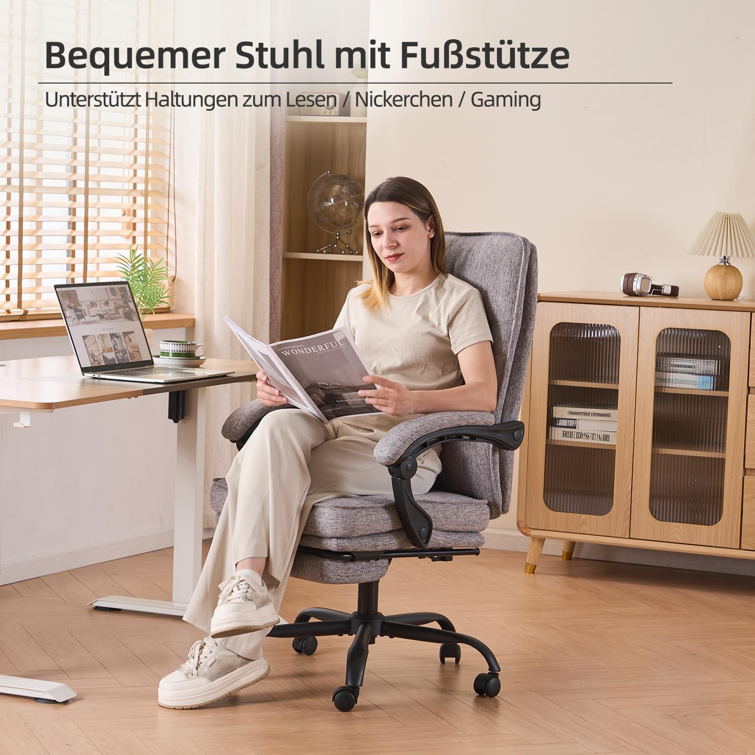 MZLEE Ergonomischer Bürostuhl, Schreibtischstuhl mit Fußstütze, 90-135° neigbarer Drehstuhl, Höhenverstellung und Mittagspausenfunktion, Chefsessel für Büro und Zuhause, 150 kg Tragkraft – Bild 10