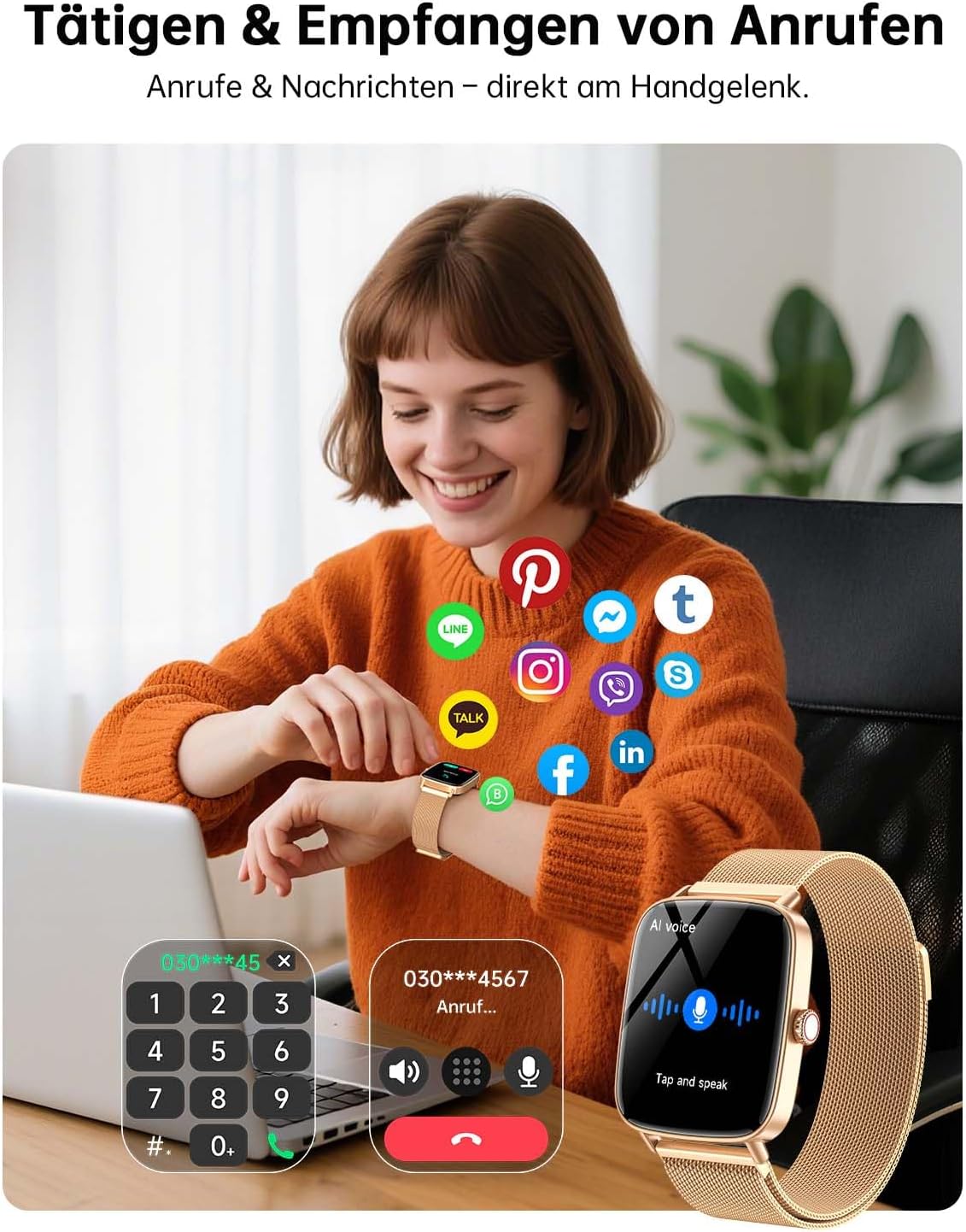 Gydom Damen Smartwatch mit Telefonfunktion 1,85 Zoll HD Metall Fitnessuhr Fitnesstracker Herzfrequenz/SpO2/Schlaf/IP68 Wasserdicht Sportuhr Schrittzähleruhr für Android iOS Roségold – Bild 2