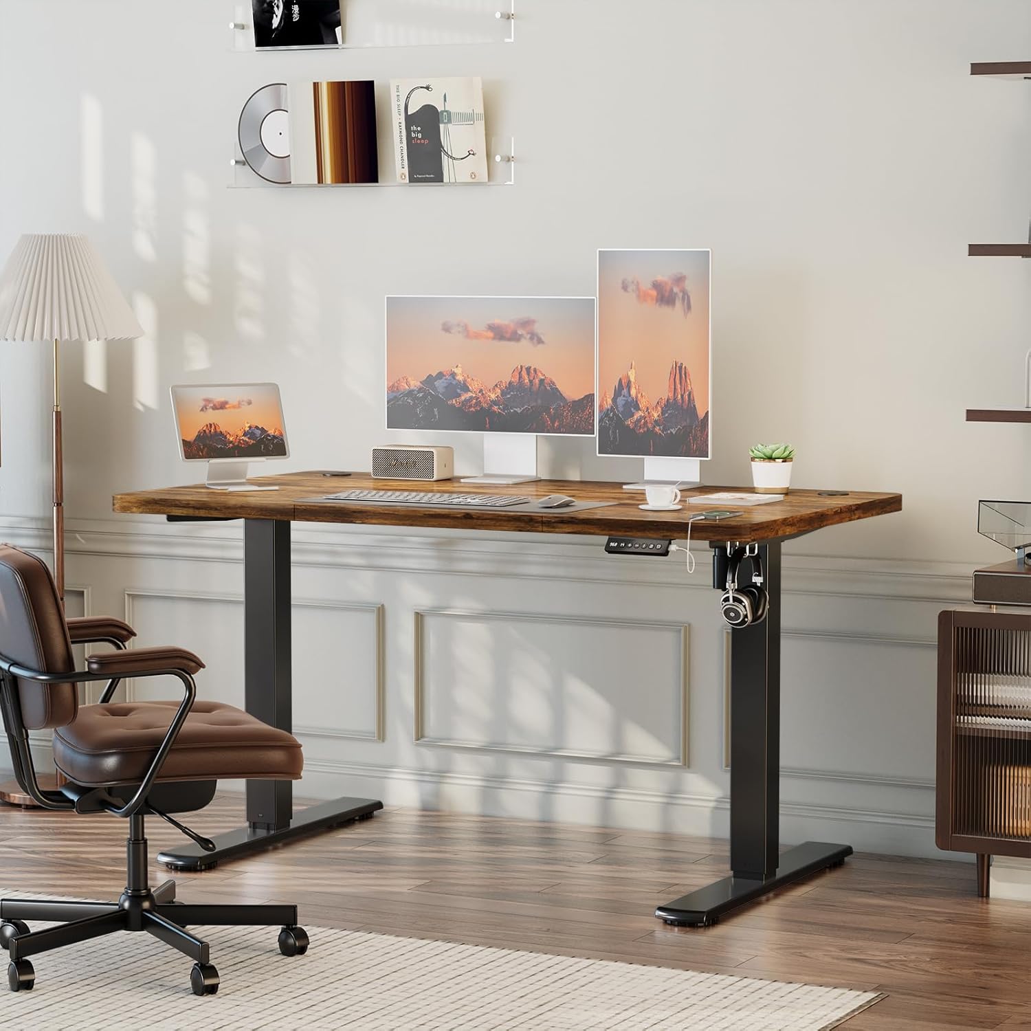JUMMICO Höhenverstellbarer elektrischer Schreibtisch 120 x 60 cm mit USB-Ladeanschluss, höhenverstellbar, ergonomischer Stehsitztisch, braun – Bild 2