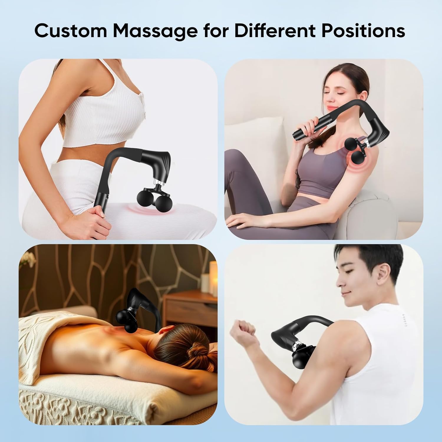 Doppelkopf-Massagepistole, Rückenmassagegerät mit U-Verlängerungsgriff, elektrisches Tiefengewebe-Percussion-Massagegerät, 12 Geschwindigkeitsstufen mit 5 Massageköpfen für Nacken, Schulter, Bein – Bild 8