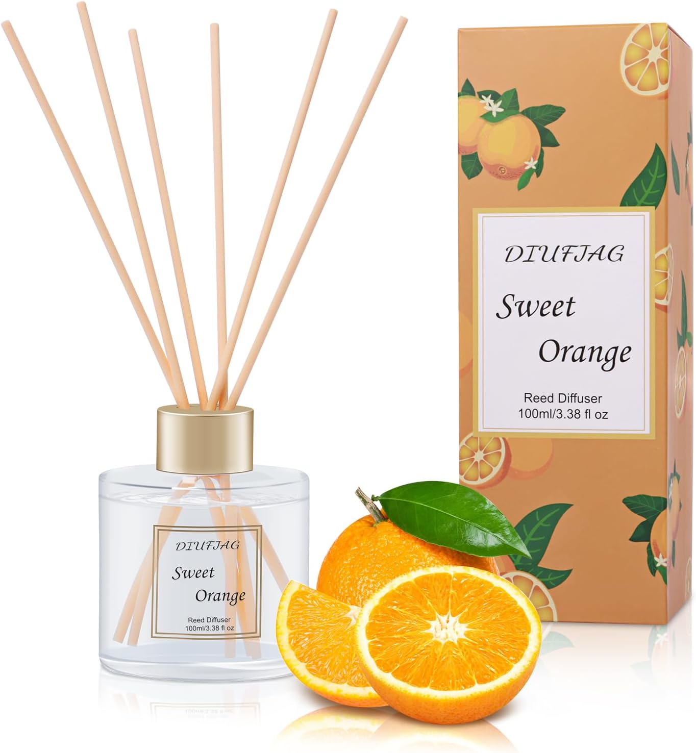 Raumduft-Diffusor mit 6 Duftstäbchen, 100 ml, Orange, Zitrus-Aromatherapie-Diffusor, natürlich, langlebig, Raumduft, Schilfrohr-Diffusor, Lufterfrischer für Schlafzimmer, Büro, Badezimmer, Regaldekoration