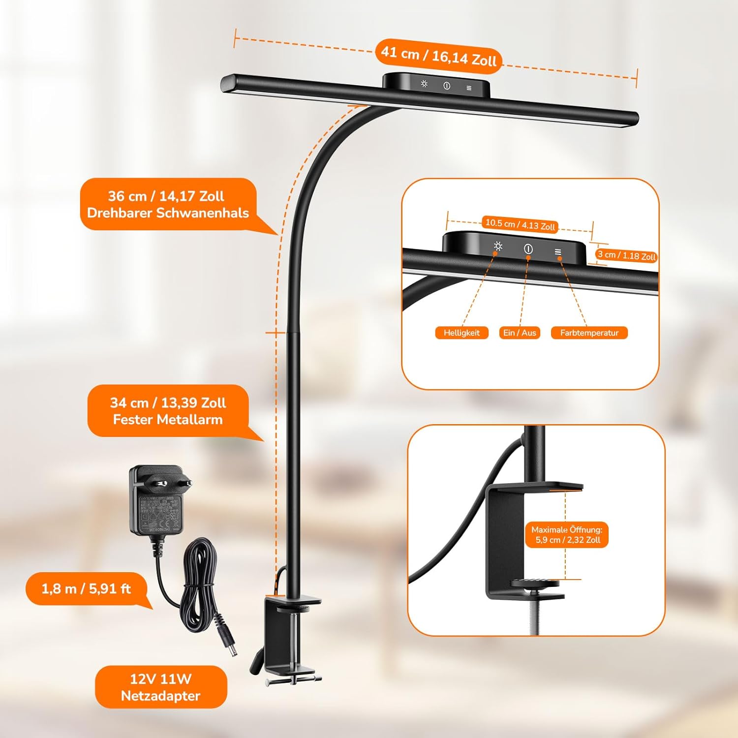 Lepro 11W Schreibtischlampe LED Klemmbare, augenfreundliche und dimmbare Schreibtischlampe, 5 Farbtemperaturen und 5 Helligkeitsstufen, mit flexiblem Schwanenhals, für Home Office und Büro, Schwarz – Bild 5