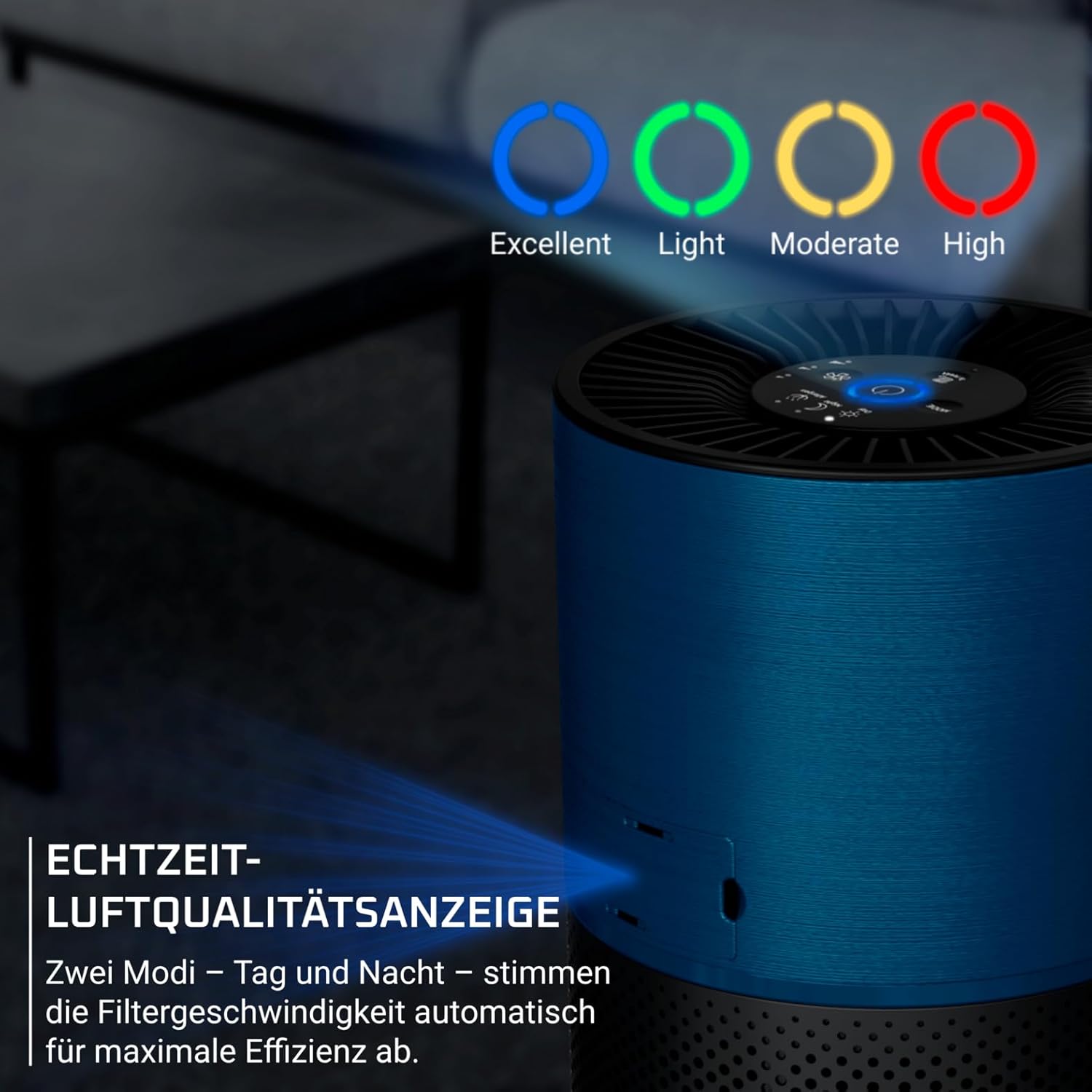 Rowenta PU2221F0 Pure Air Kompakter Luftreiniger für Zuhause, hocheffiziente Luftreinigung, bis zu 52 m², 3-in-1-Filterung, HEPA Allergy+, Echtzeit-Luftqualitätsanzeige, Schwarz/Blau – Bild 3