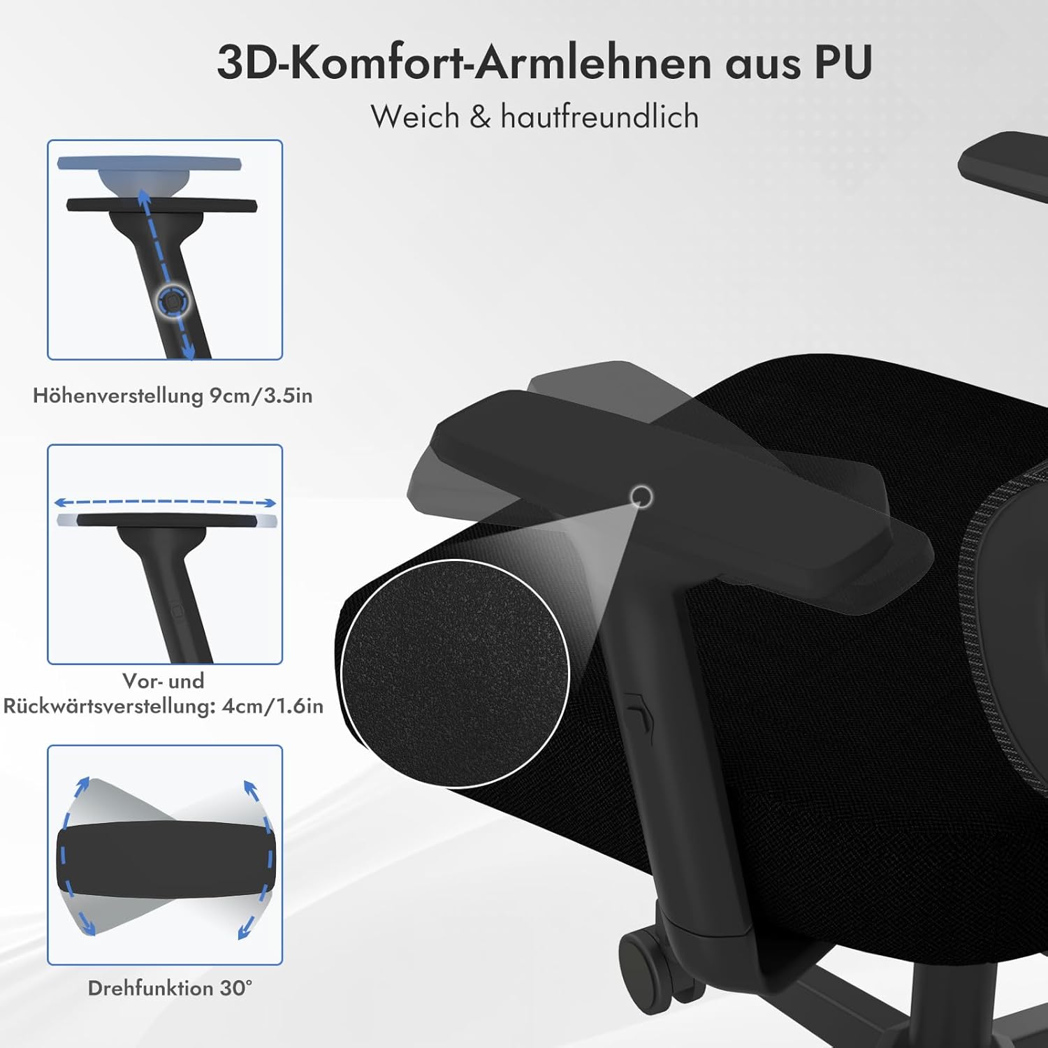 Bürostuhl, Schreibtischstuhl mit 3D-Armlehnen, ergonomischer Stuhl mit verstellbarer Netz-Kopfstütze, adaptive Lordosenstütze, Netzstuhl für Heimbüro-Gaming, Schwarz – Bild 6
