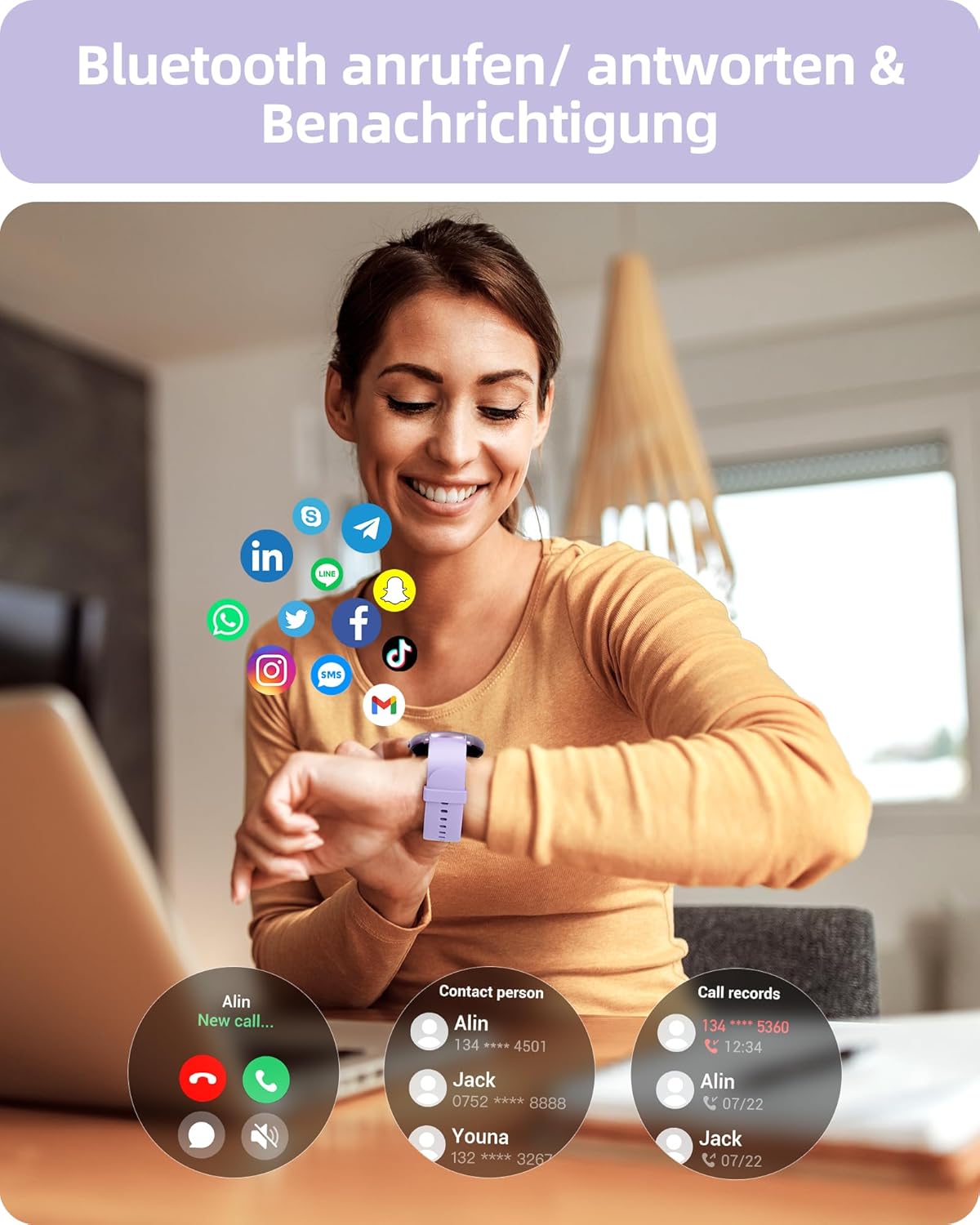 Parsonver SPROD1 Runde Smartwatch für Damen mit Telefonfunktion, Armbanduhr Damen mit Herzfrequenz-Schlafmonitor, SpO2, Schrittzähleruhr mit 100+ Sportmodi, IP68 wasserdicht für Android und iOS, Lila – Bild 3