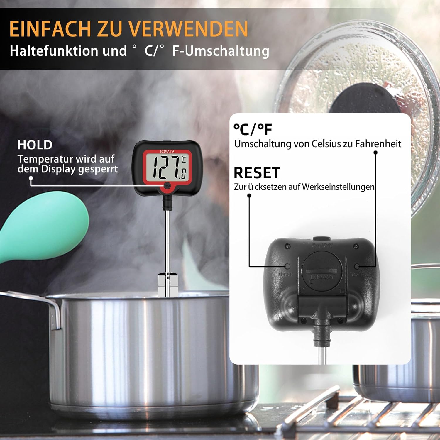 BOMATA 20 cm langes Sondenthermometer mit Topfklammer, drehbarem Display und hochpräziser Sofortablesung, geeignet für Kerzen, Flüssigkeiten, Kochen, Grillen usw. Schwarz – Bild 6