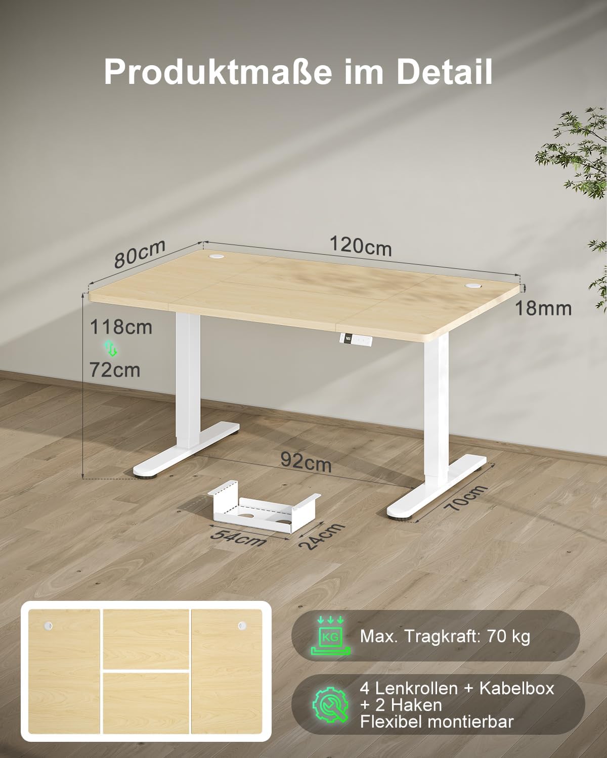 Devoko Höhenverstellbarer Schreibtisch 120 x 80 cm mit Typ-C-Ladeanschluss, mobiler elektrischer Computertisch mit Kabelmanagementablage und 3-Funktions-Speicher, Eiche – Bild 2