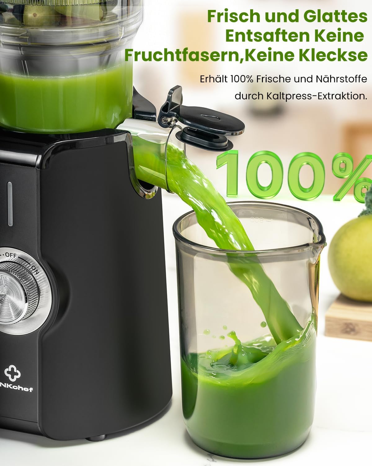 LINKChef Slow Juicer, Entsafter Gemüse und Obst, Testsieger mit 115 mm großem Entsafter, Kaltentsafter für ganze Früchte/Gemüse, Blitzreiniger, einfache Installation, BPA-frei, 200 W, Schwarz – Bild 6