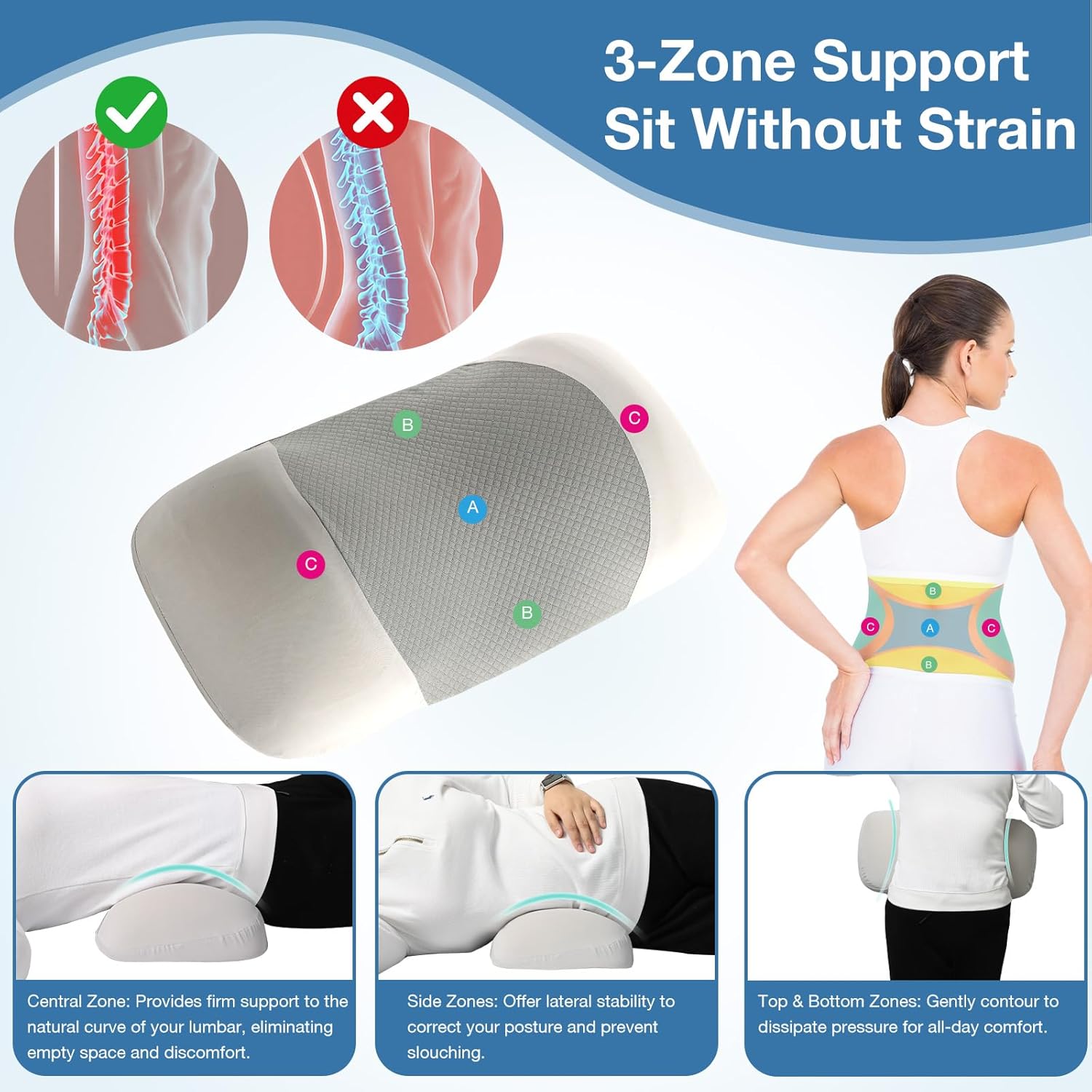 Cozary Orthopädisches Lendenkissen, 55 x 25 x 8 cm, ergonomischer Rücken mit Memory-Schaum, Rückenkissen zum Schlafen, Linderung von Schmerzen im unteren Rücken, Sofa, Bürostuhl, waschbarer Bezug, grau – Bild 2