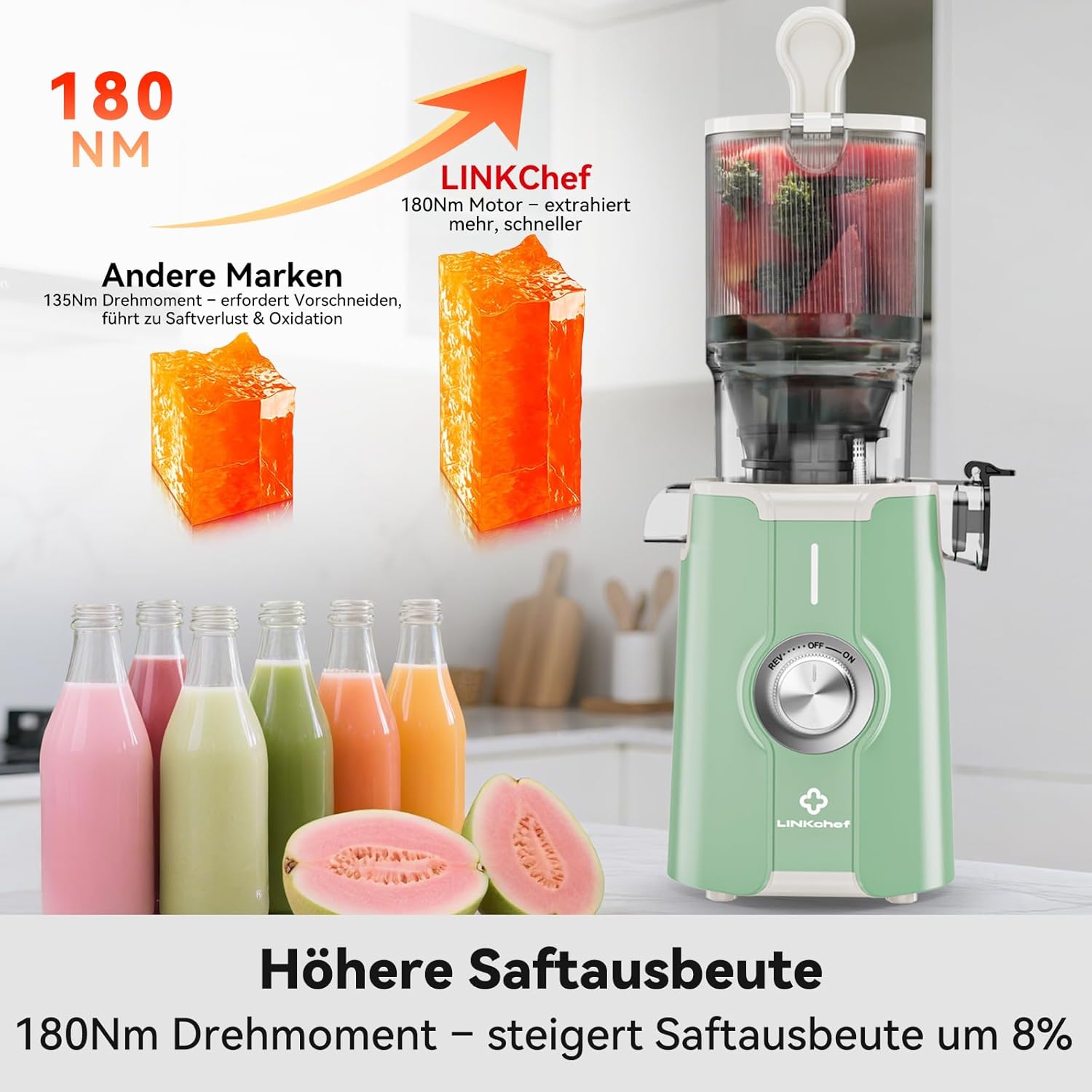 LINKChef Slow Juicer, Entsafter Gemüse und Obst, Testsieger mit 115 mm großer Größe für ganze Früchte/Gemüse, Blitzreiniger, einfache Installation, BPA-frei, 200 W, Hellgrün – Bild 5