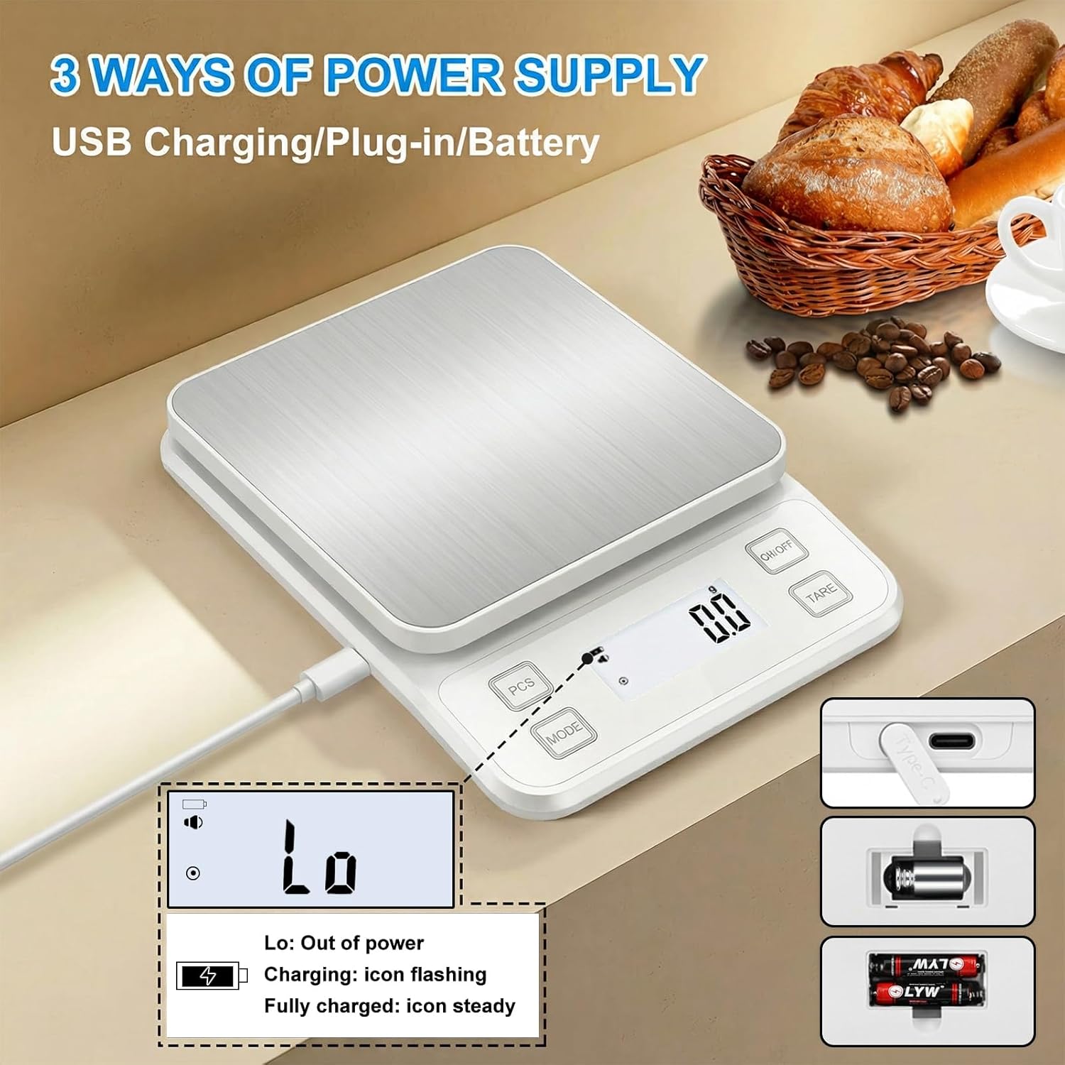 Diyife IP67 wasserdichte Küchenwaage, 0,1 g/10 kg, hochpräzise Küchenwaage, 10 Einheiten wiederaufladbar, Tara einstellbar, automatische Abschaltung, LCD-Display, Stummschaltung, Zählfunktion – Weiß – Bild 5