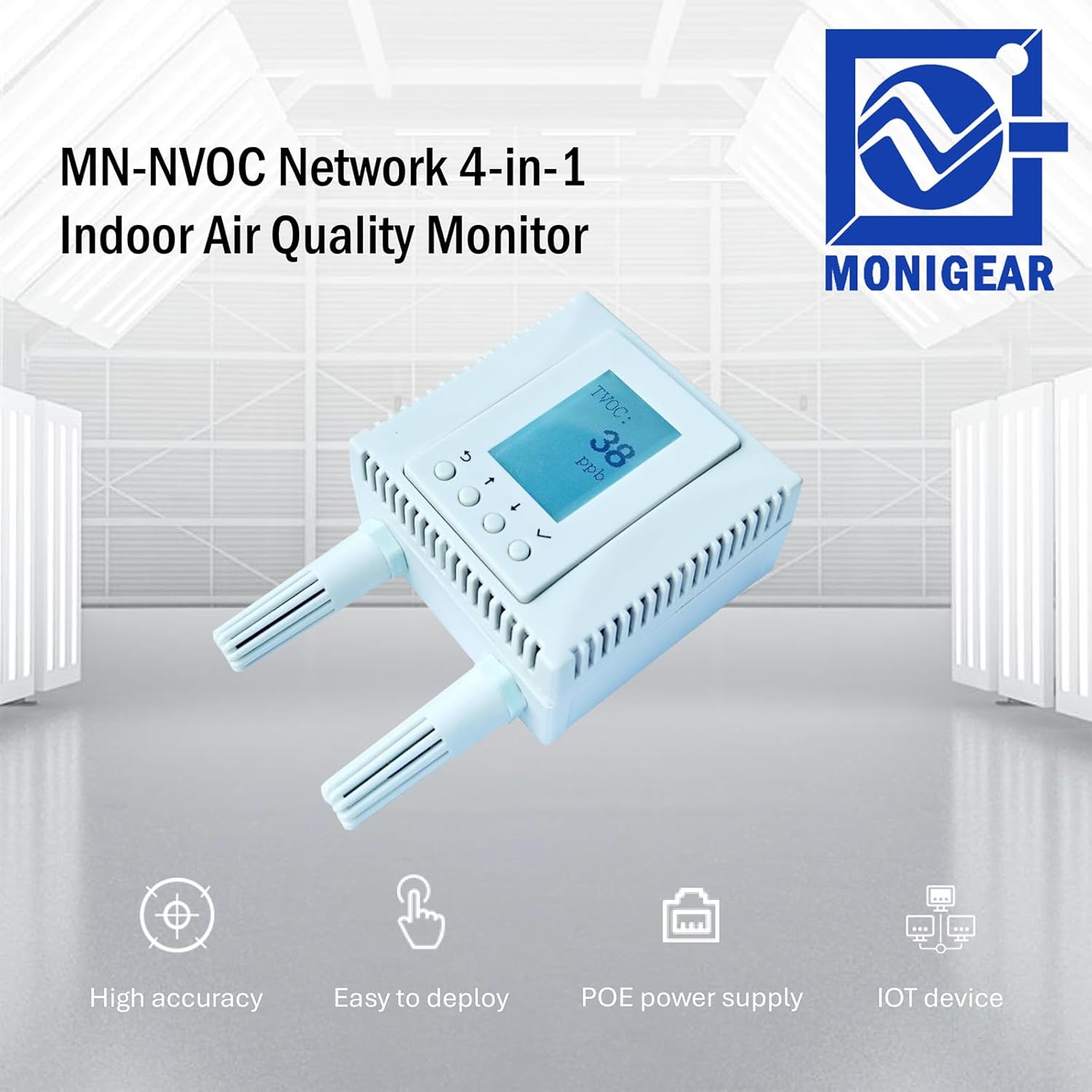 4-in-1-Luftqualitätsmonitor CO2 TVOC Temperatur Luftfeuchtigkeit mit PoE MONIGEAR – Indoor-Sensornetzwerk, LCD-Display, IoT AWS Azure Tuya, Protokolle MQTT, BACnet, SNMP, Modbus-TCPIP – Bild 4
