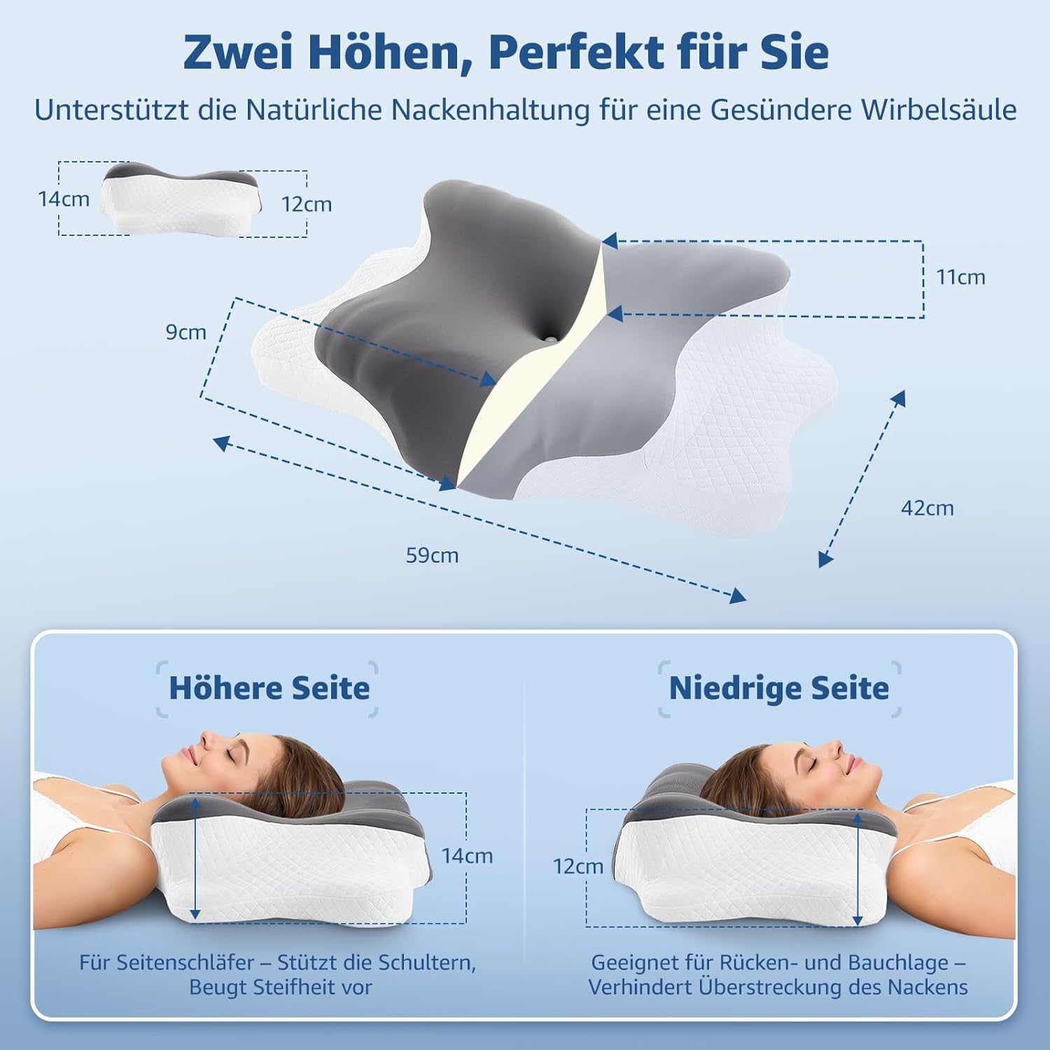 BRO Upgrade Ergonomisches orthopädisches Memory-Schaum-Kissen – Nackenstützkissen mit atmungsaktivem, abnehmbarem Kissenbezug für Seiten-, Rücken- und Bauchschläfer, Grau – Bild 3