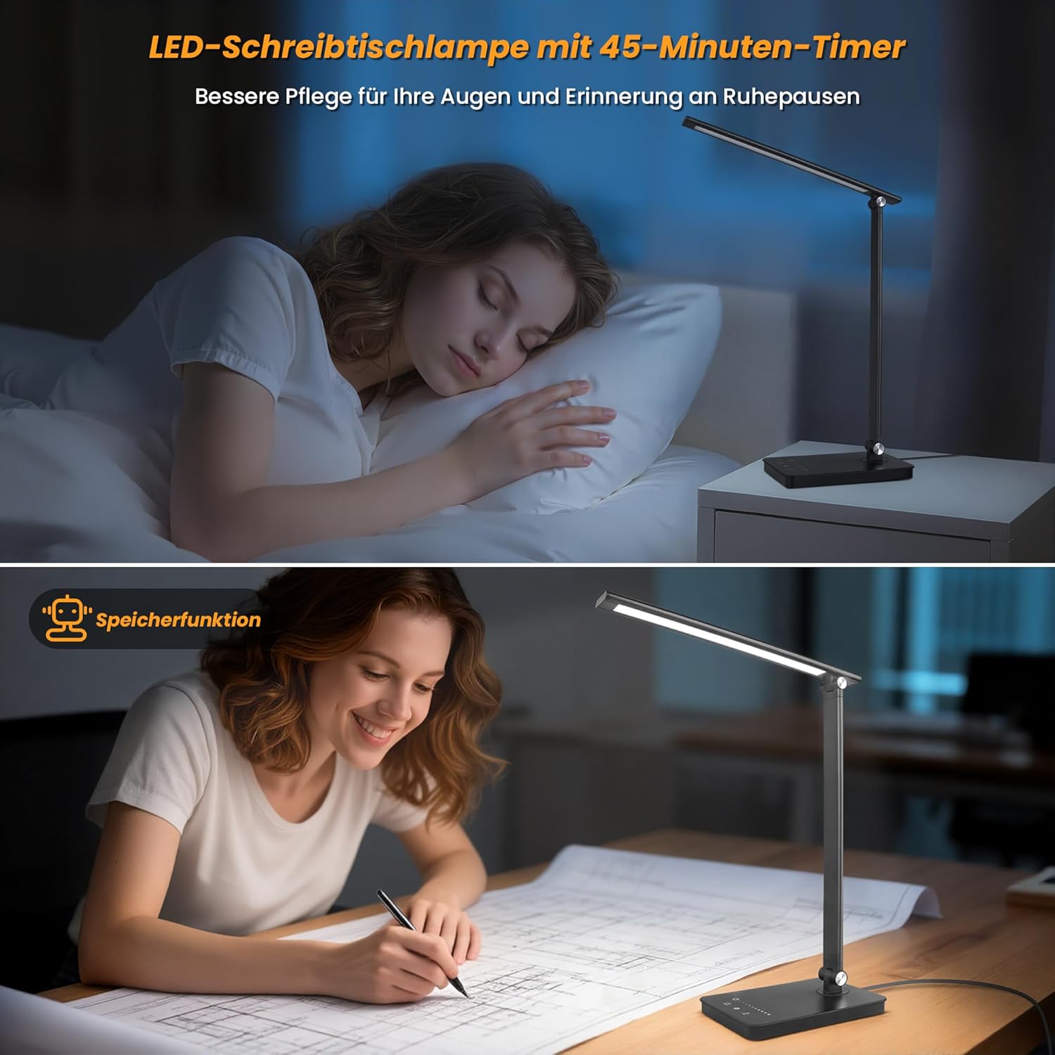 Akynite 42 LED-Schreibtischlampe, dimmbarer USB-Anschluss, 2A-Adapter im Lieferumfang enthalten, 5 Farben, 10 Helligkeiten, Leselampe, Schreibtisch, faltbare Lampe Touch mit Timer, Leselampe für Kinder, Schwarz – Bild 5