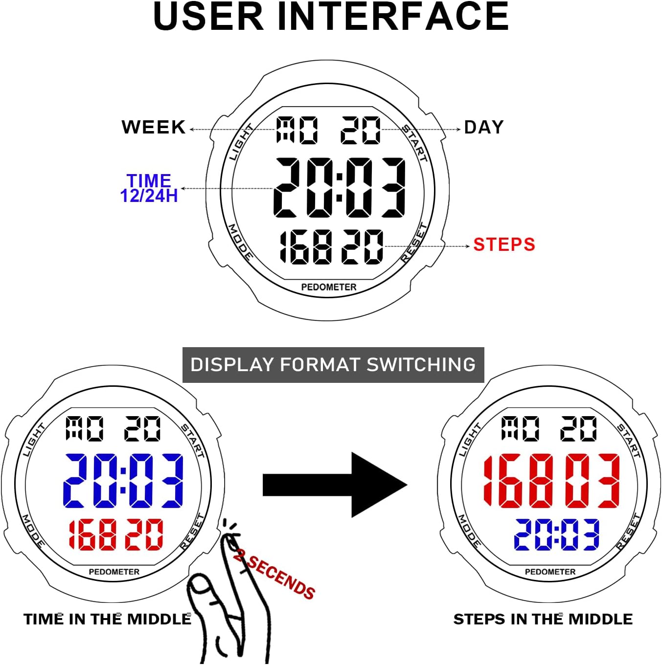 Timeur-2308 Sportliche wasserdichte Schrittzähleruhr zum Gehen, kein Aufladen, keine App-Verbindung mit EL-Hintergrundbeleuchtung, einfache, praktische Wahl für mobilfreie Fitness-Enthusiasten – Bild 9