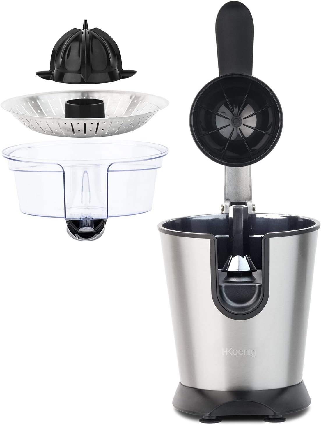 H.Koenig Elektrische Zitruspresse AGR80 BPA-frei, Orangen-, Zitronen-, Grapefruitsaft, schnell, automatisch, leise, leistungsstark, 160 W, Tropfstopp, spülmaschinenfest, Silber, 160 W – Bild 9