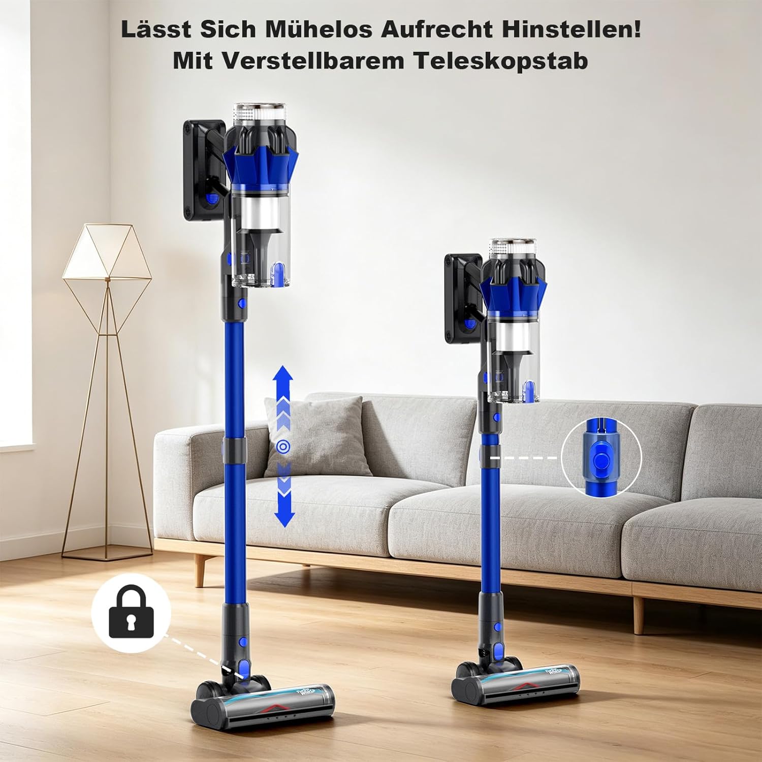 Hearten Akku-Staubsauger, 70.000 Pa/600 W/65 Min., 4 Stufen, Schmutzsensor, 1,8 l, kabelloser Staubsauger mit Farbdisplay, Anti-Haarbürste, 8-Stufen-Filter, Schlauch für Tierhaare/Teppiche/Hartböden/Auto – Bild 8
