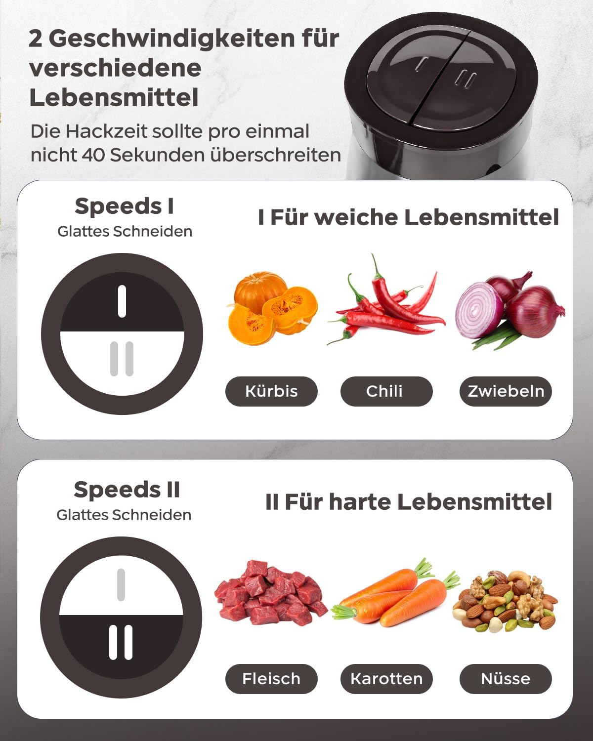 Bear 2L + 1,8L Elektrischer Minizerkleinerer 600W 2 Geschwindigkeitsstufen Zerkleinerer mit 4 Edelstahlklingen und Fleischwolf, Glasbehälterzerkleinerer für Fleisch, Babynahrung, Obst, Gemüse – Bild 3