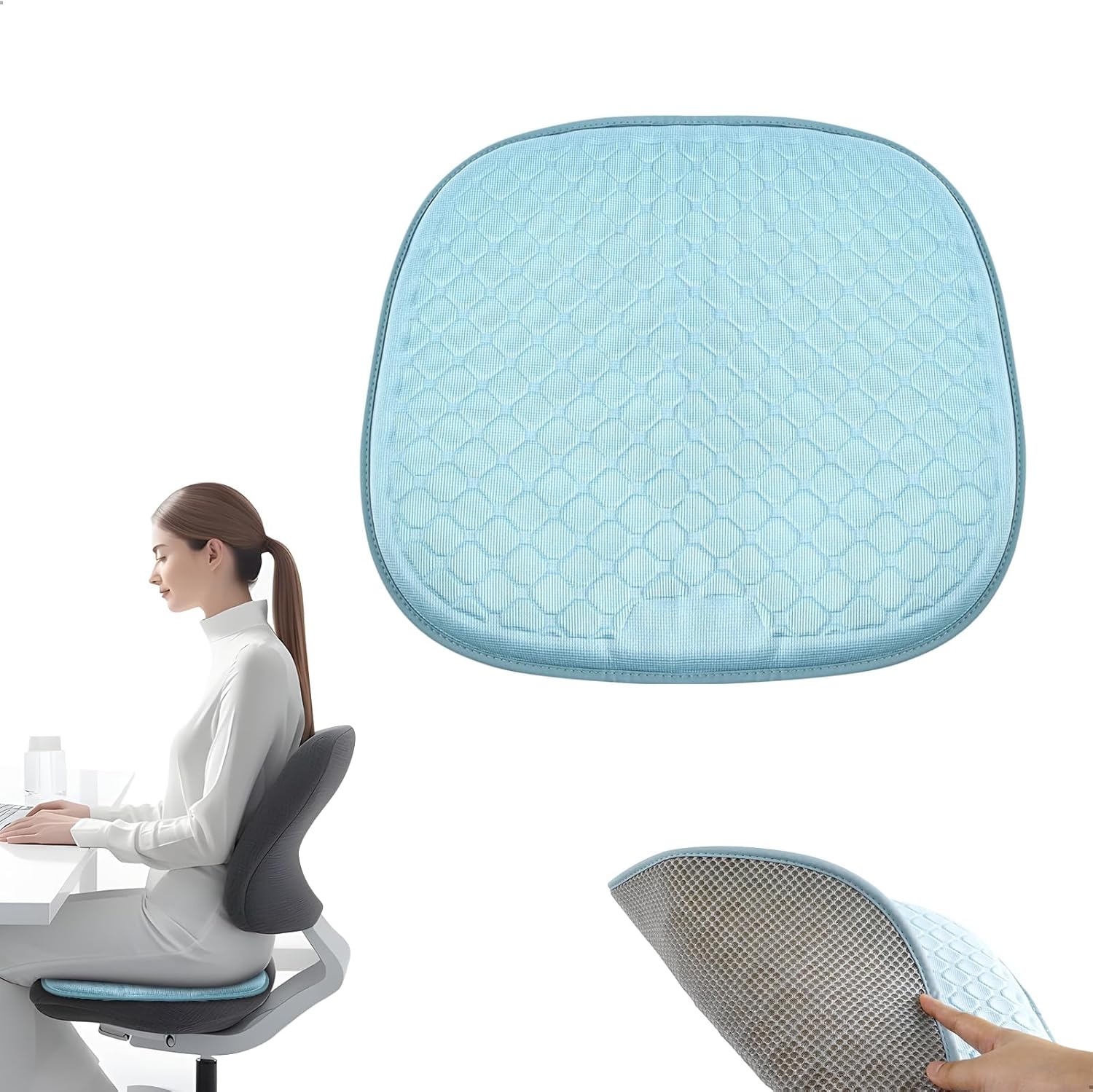 Orthopädisches Gel-Sitzkissen, 49 x 46 cm, kühlendes 3D-atmungsaktives Sitzkissen mit TPE-Gel & Wabenstruktur, rutschfeste Unterlage, für Bürostuhl, Auto, LKW, Rollstuhl und Gaming-Stuhl (Glazialbl
