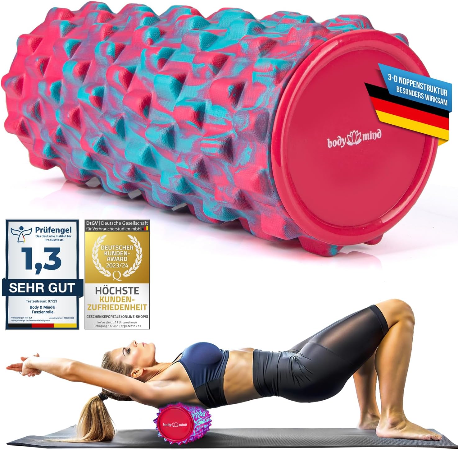 Body & Mind® Faszienrolle, Massagerolle, Fitnessrolle, Sportrolle, Therapierolle, Faszientraining für Oberkörper, Nacken, Rücken, Beine, Waden und alle anderen Muskelgruppen, 33 x 14,5 cm