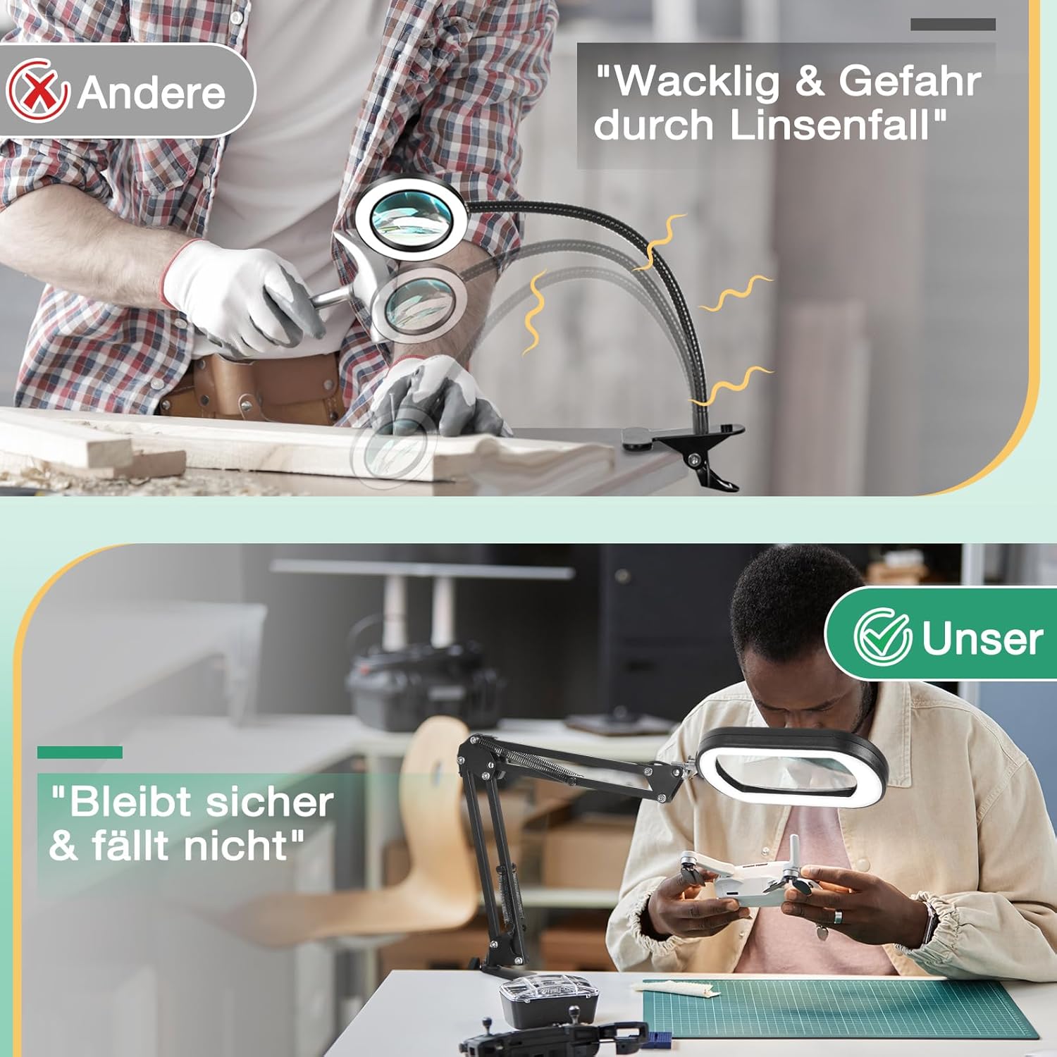 Drdefi 10-fache Lupe mit Licht und Klemme, Echtglas-Ständer-Beleuchtungslupe, 5 Farbmodi und stufenlose Dimmbarkeit, LED-Schreibtischlampe, freihändig für Basteln, Hobbys, Lesen, Malen, Nähen und Naharbeiten – Bild 4