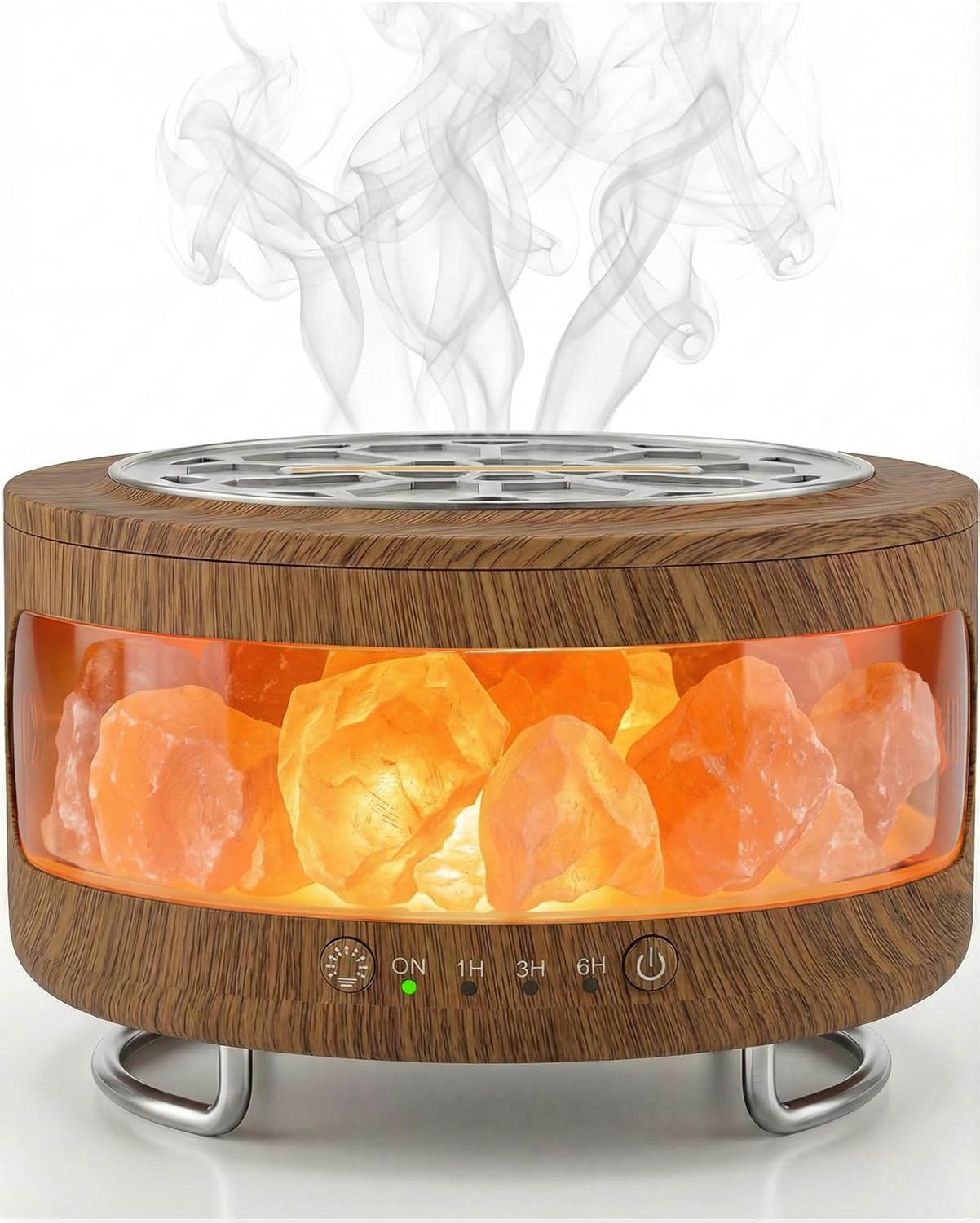 2-in-1-Aromadiffusor & Salzkristalllampe – 300 ml Ultraschall-Duftdiffusor mit 7-Farben-LED-Licht, Timer, leise Luftbefeuchterfunktion für ätherische Luft, ideal für Schlafzimmer, Büro, braune Holzoptik