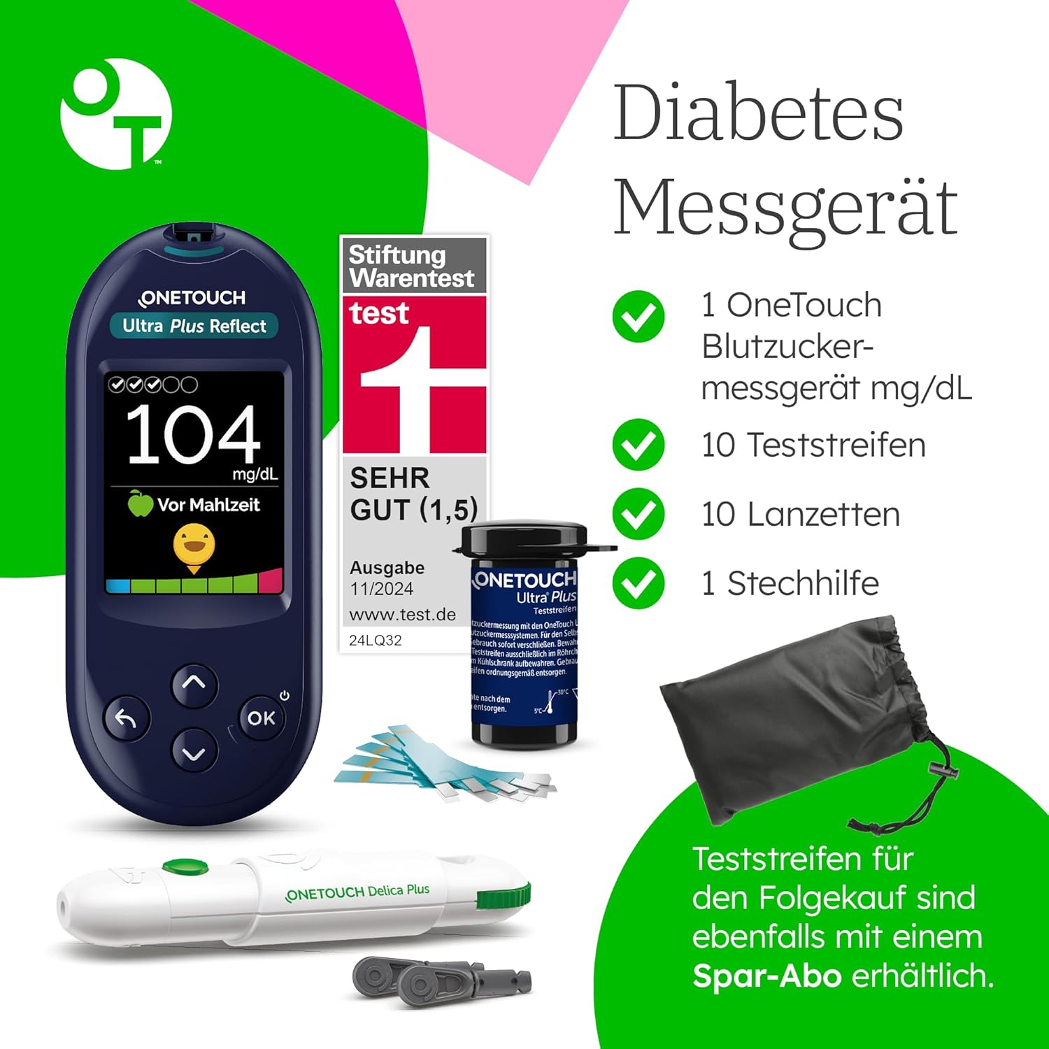 OneTouch Ultra Plus Reflect Blutzuckermessgerät (mg/dl) I 1 Messgerät, 10 Teststreifen, 10 Lanzetten, 1 Stechhilfe & 1 Etui | Stiftung Warentest Sehr gut (1,5) – Bild 8