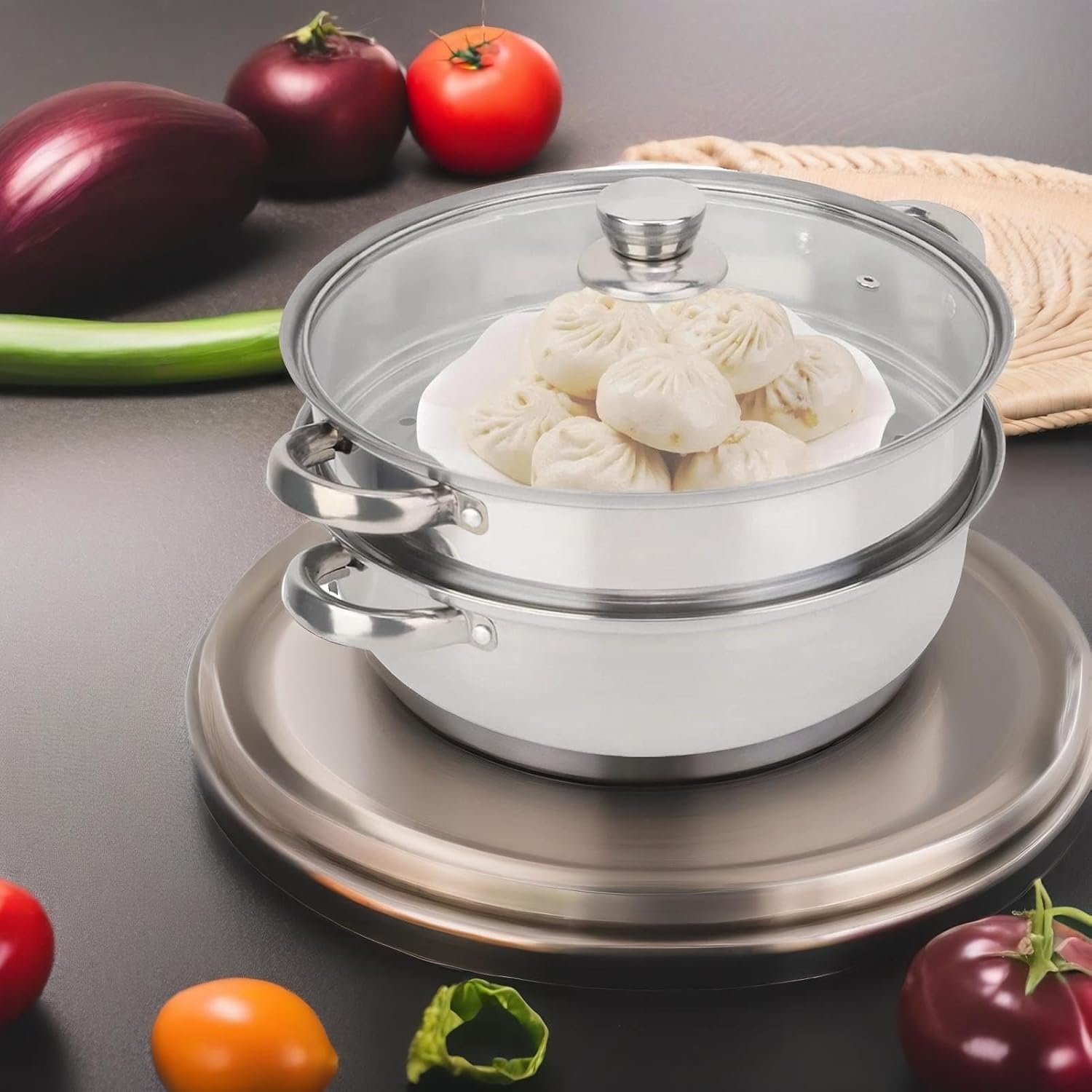 2-lagiger Dampfgarer zum Kochen, 28 cm Gemüse-Dampfgarer, Edelstahl-Dampfgarer, Lebensmittel-Dampfgarer, Couscous-Topf, Knödel-Dampfgarer, Kartoffel-Dampfgarer, Einsatztopf mit Glasdeckel für alle Kochflächen – Bild 8