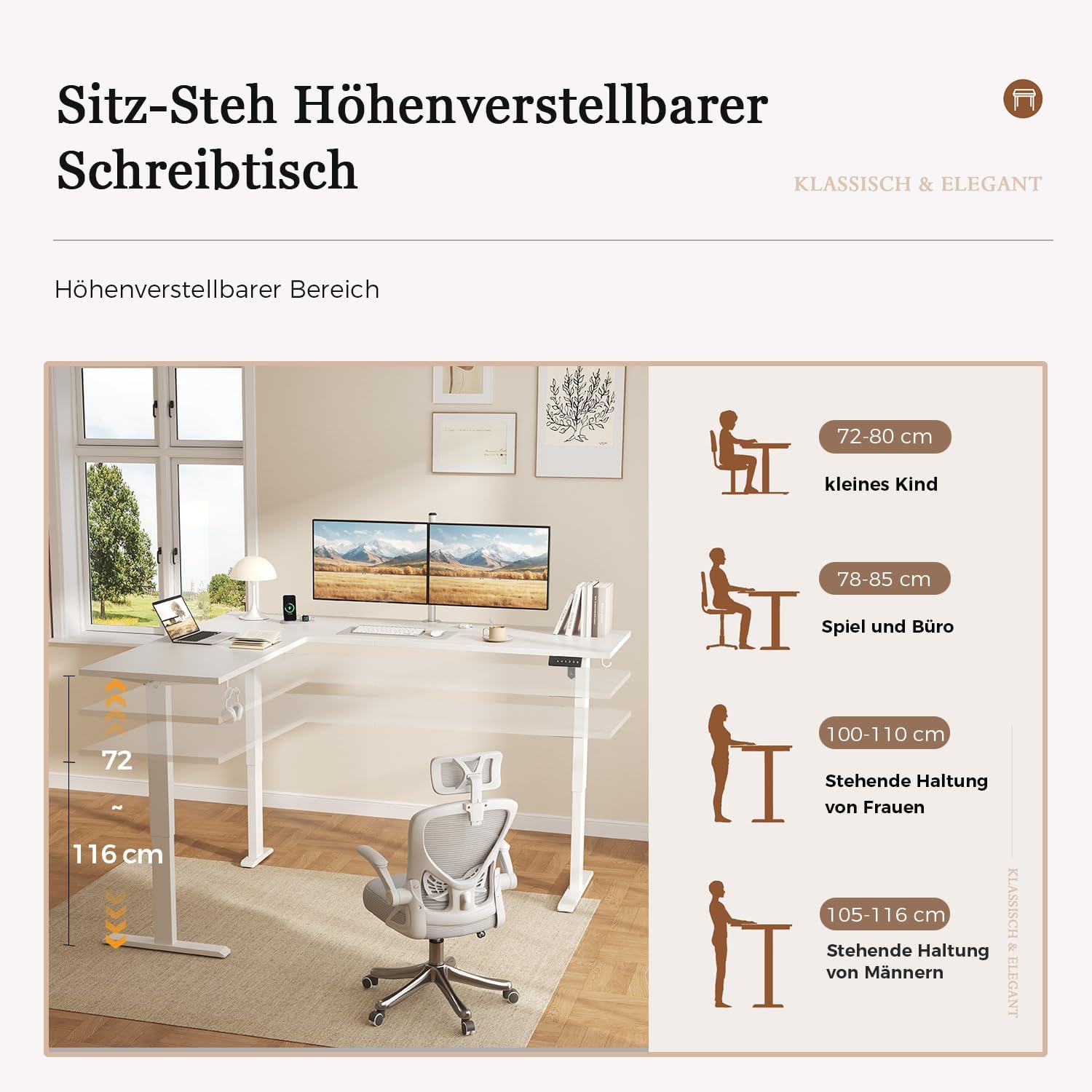 Klicelor L-förmiger elektrischer Schreibtisch, höhenverstellbar, 190 x 155 cm, L-förmiger Stehschreibtisch mit 3 Memory-Funktionen und Antikollisionstechnologie, ergonomischer Computertisch, weiß – Bild 4