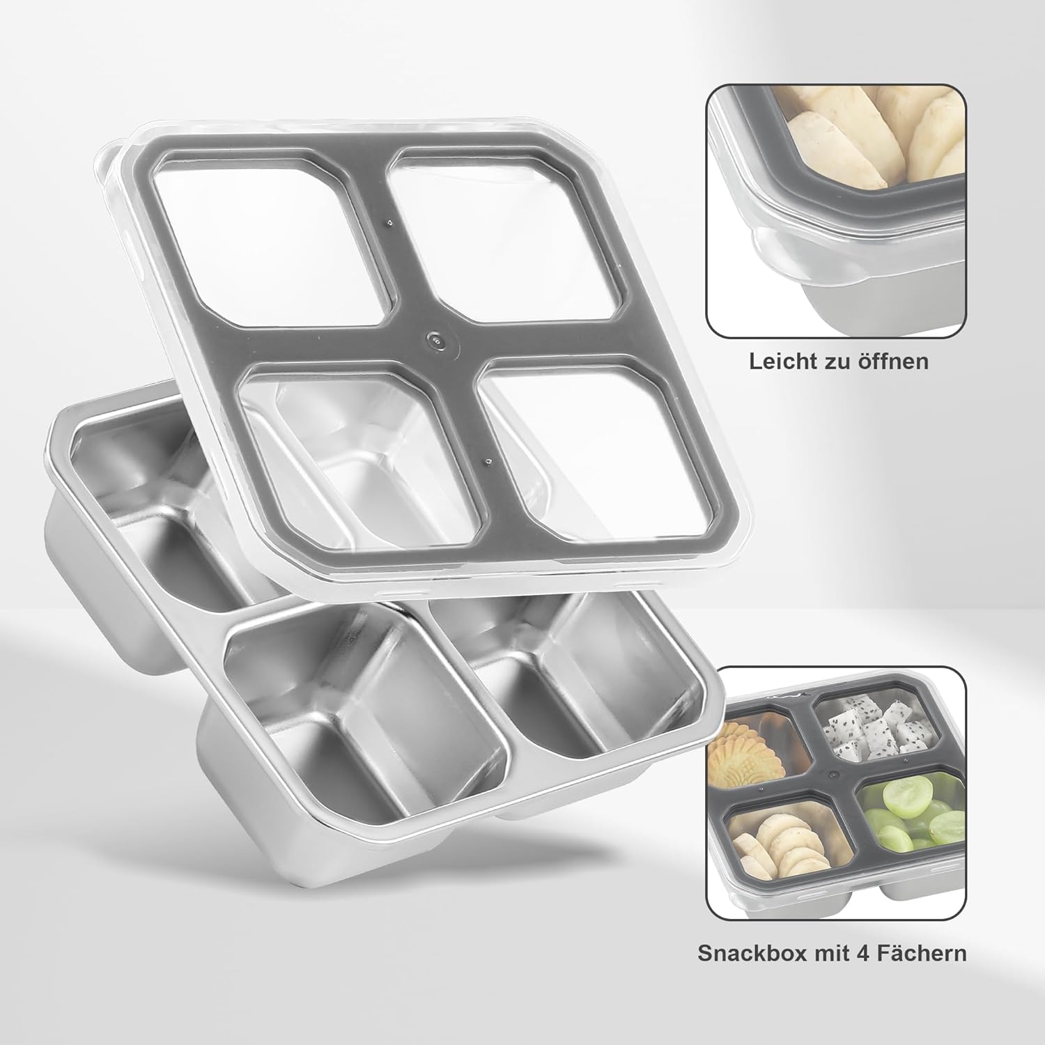 Misichao Snackbehälter, Snackbox Kinder mit 4 Fächern, Edelstahl-Brotdose mit grauem Deckel, wiederverwendbarer Meal-Prep-Lunchbehälter für Kinder und Erwachsene, für Schule, Arbeit – Bild 7