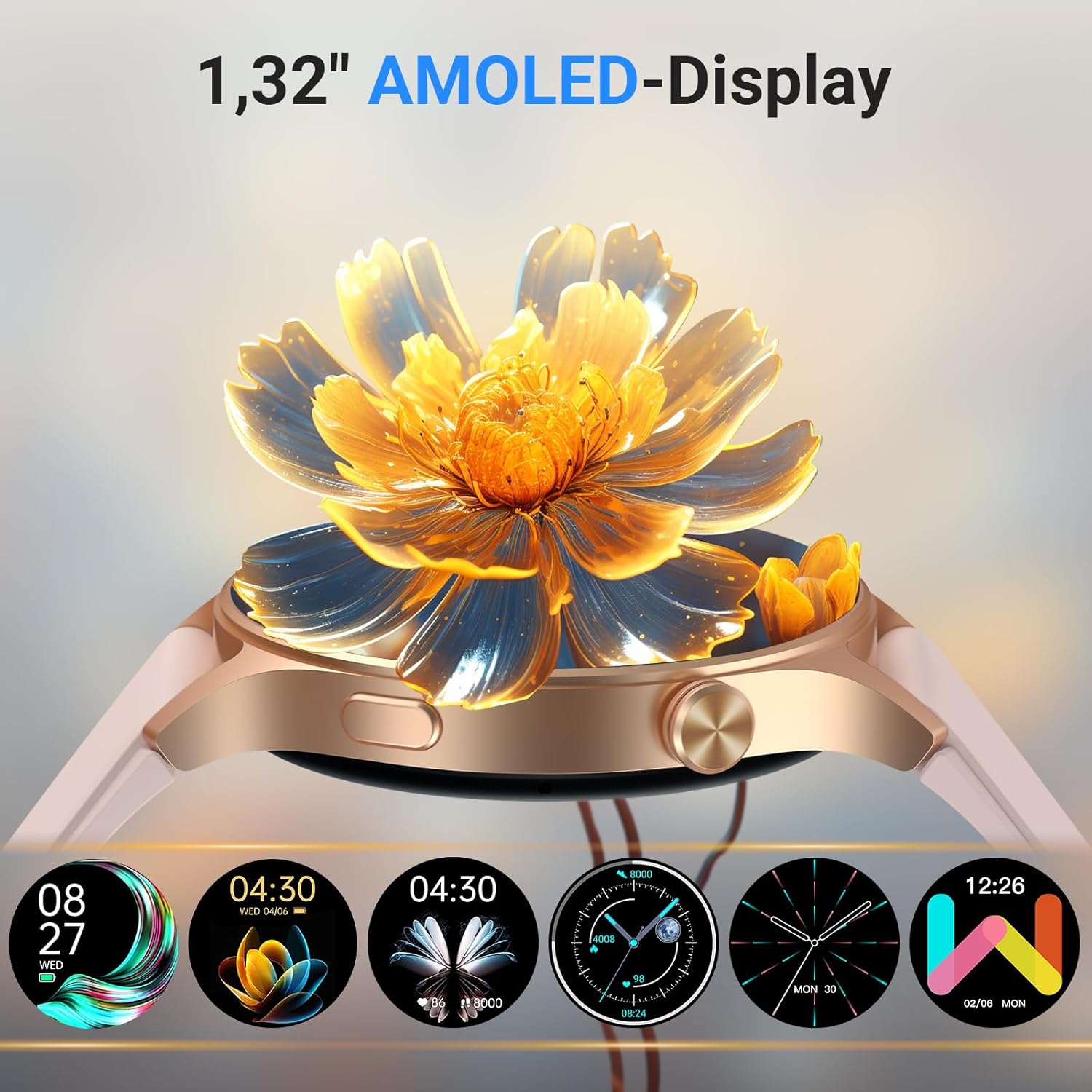 Runde Smartwatch für Damen mit Telefonfunktion, 1,32 Zoll AMOLED-Display, Fitnessuhr mit 110+ Sportmodi & 3ATM, Uhren Damen Herren für iOS/Android, Schrittzähler mit Herzfrequenzmesser/SpO2/Schlafmonitor – Rosa – Bild 6