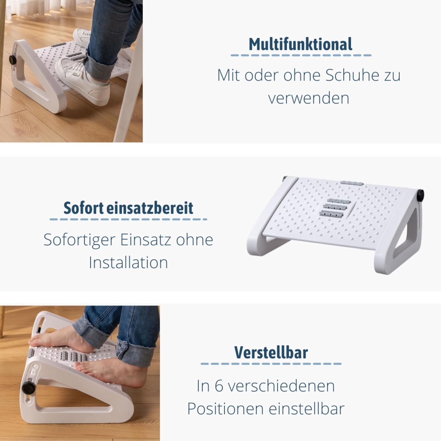 BUDDLEY Ergonomische PP-Kunststoff-Fußstütze für Büro oder Heimbüro – verstellbar (6 Positionen) – mit Massagerädern – rutschfest – Weiß – Bild 4