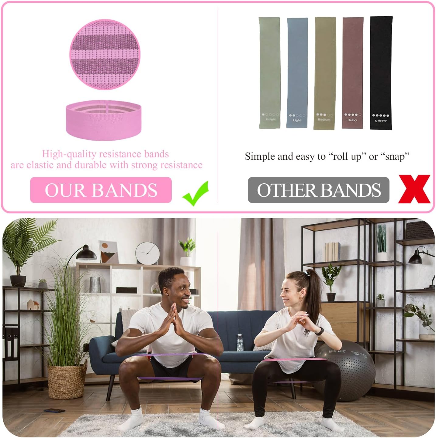 PLEASION Widerstandsbänder, Fitnessbänder, Stoffbänder, 5er-Set, Widerstandsbänder für Krafttraining, Muskelaufbau, Hüftbeintraining, Gymnastikband für Workout, Yoga, Pilates – Bild 5