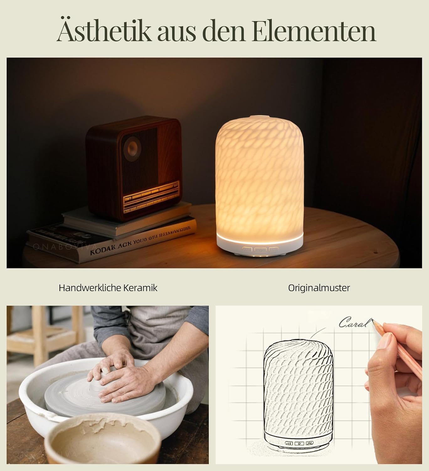 Aromadiffusor – Ultraschalldiffusor mit Befeuchtung und Wellness-Licht aus handgefertigter Keramik, automatische Abschaltung, BPA-frei, geräuscharme Konstruktion, ideal für Schlafzimmer, Büro und als Geschenk – Bild 5