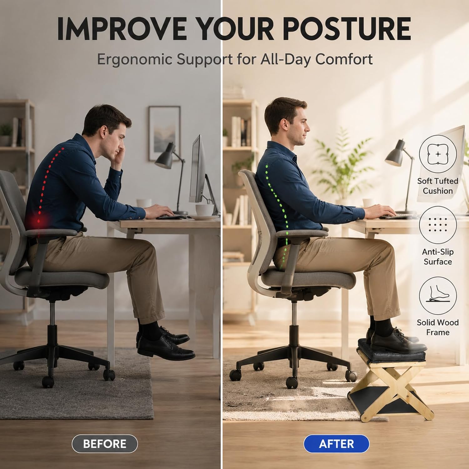 Yuragim 2-in-1 Fußstütze Schreibtisch Ergonomisch aus Holz mit abnehmbarem Polster, Fußablage Höhenverstellbar Rutschfest, Fußhocker Fußbank für Büro Home Office Wohnzimmer Schlafzimmer Schwarz – Bild 5
