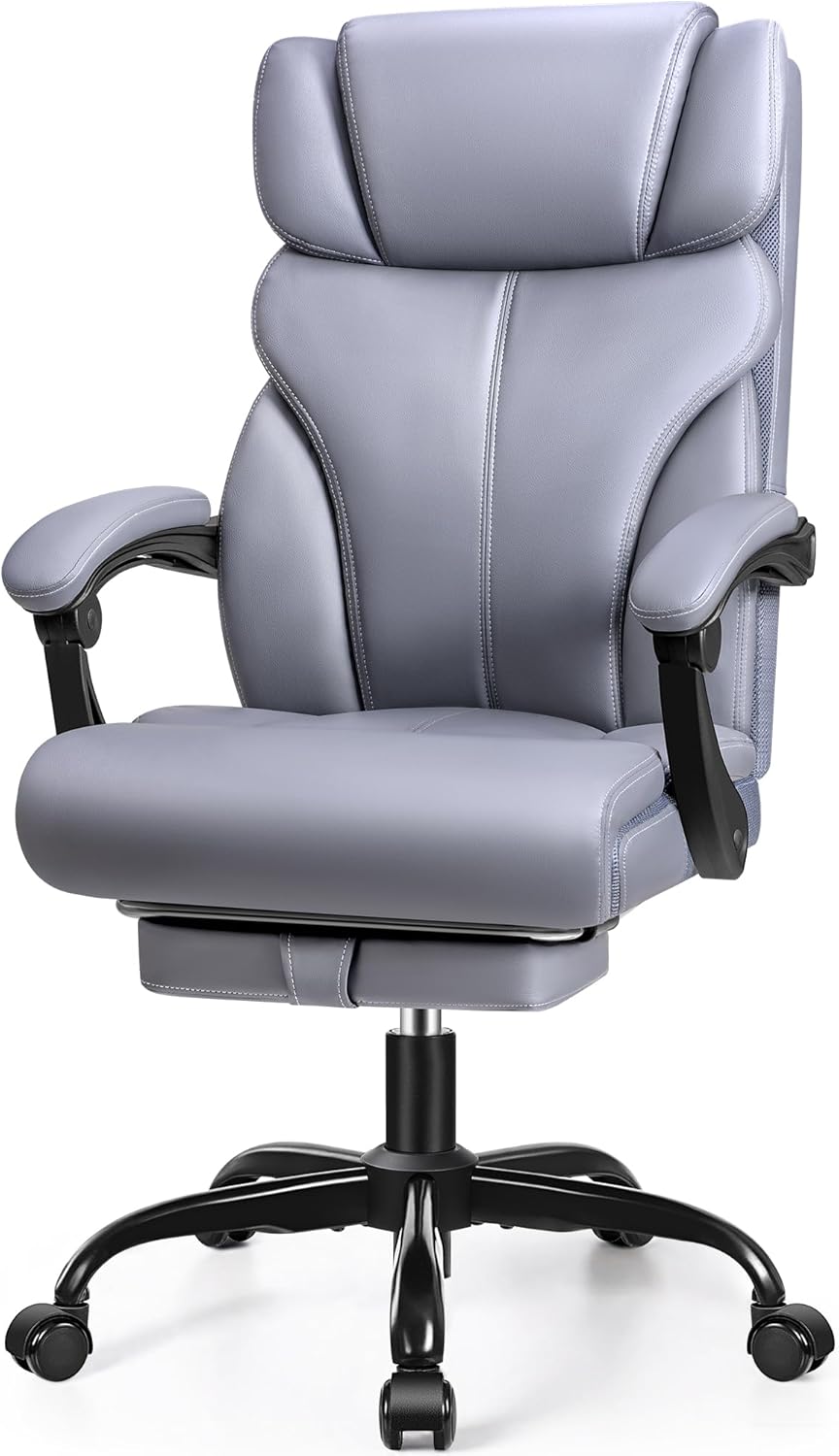 FelixKing Leder-Bürostuhl, Chefsessel, ergonomischer hoher Bürostuhl, bequemer Drehstuhl mit verstellbarer hoher Fußstütze für Heimspiele (Mattgrau) – Bild 9