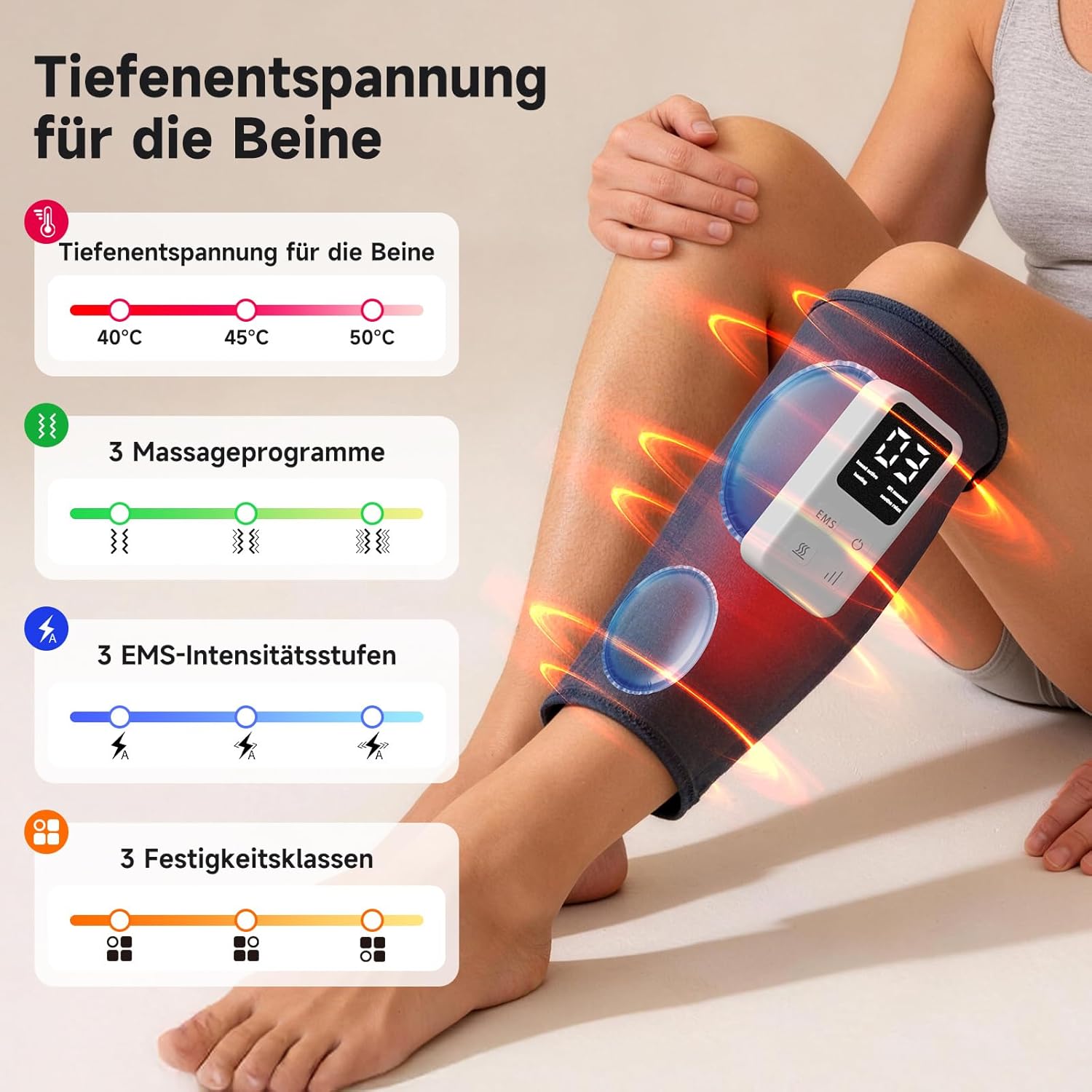 Kabelloses Wadenmassagegerät mit EMS, Beinmassagegerät mit Heizung und Luftkompression – 3 Modi + 3 Stufen für Beine, Waden, Unterschenkel – Bild 2